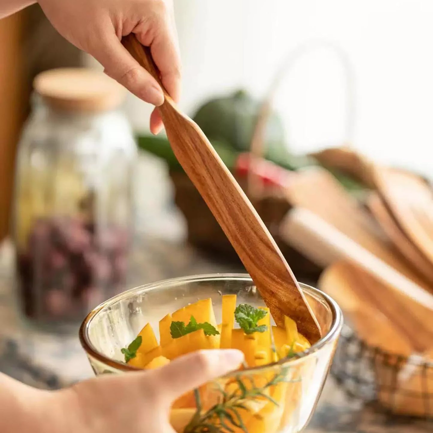 Wooden Spatula for Sourdough Mixing, Cooking, and Baking - Teak Kitchen Utensil, Stirring Stick, and Scraper for Bread, Jars, and Nonstick Cookware, Natural Wooden Spurtle for Kitchen Tools