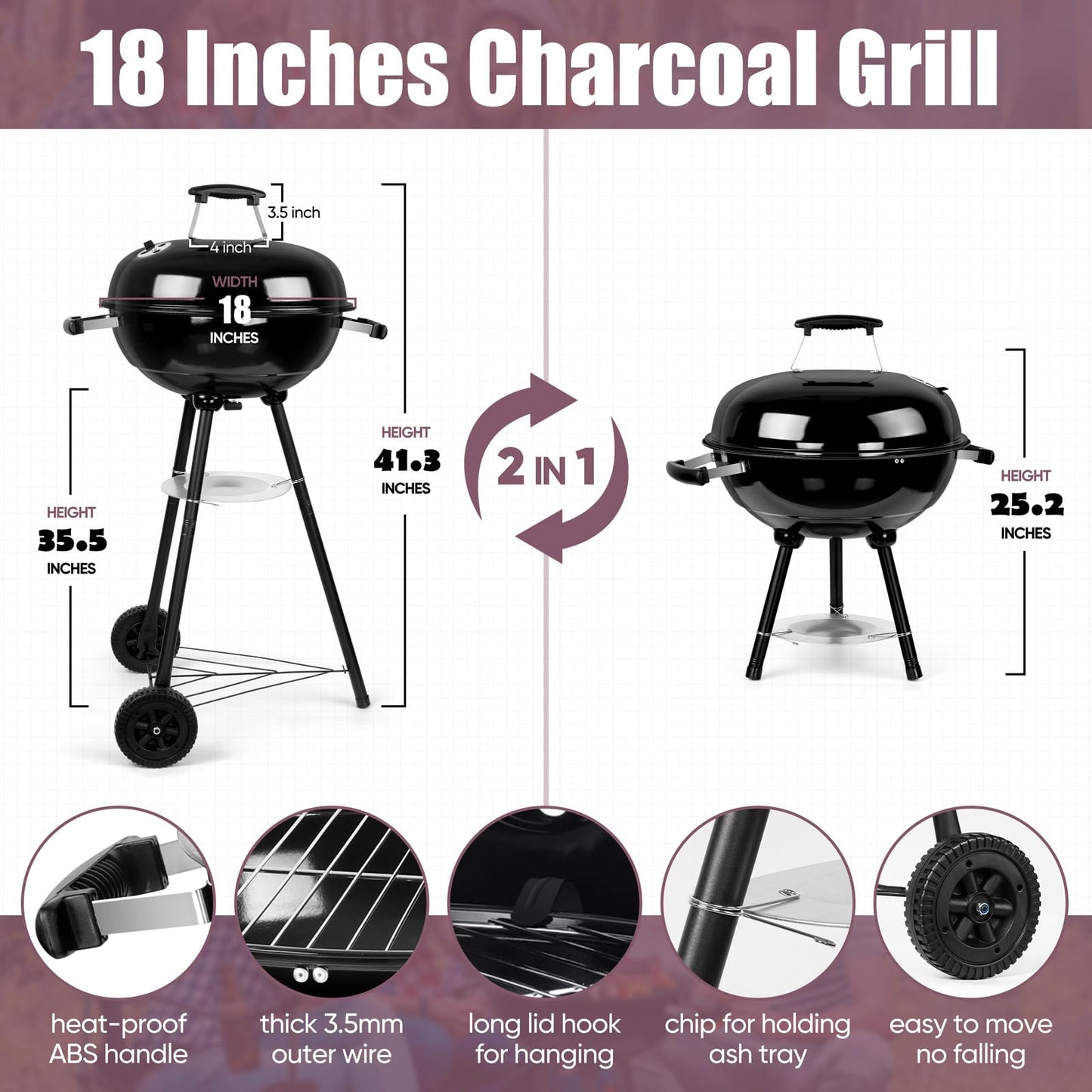HaSteeL 18 Inch Charcoal Grill, 2-In-1 Kettle Outdoor Barbecue Grill, Portable Black BBQ Grill for Camping/Backyard/Patio/Picnic, Porcelain-Enameled Lid & Fire Bowl, 254.SQ.IN Cooking Area, 29Pcs