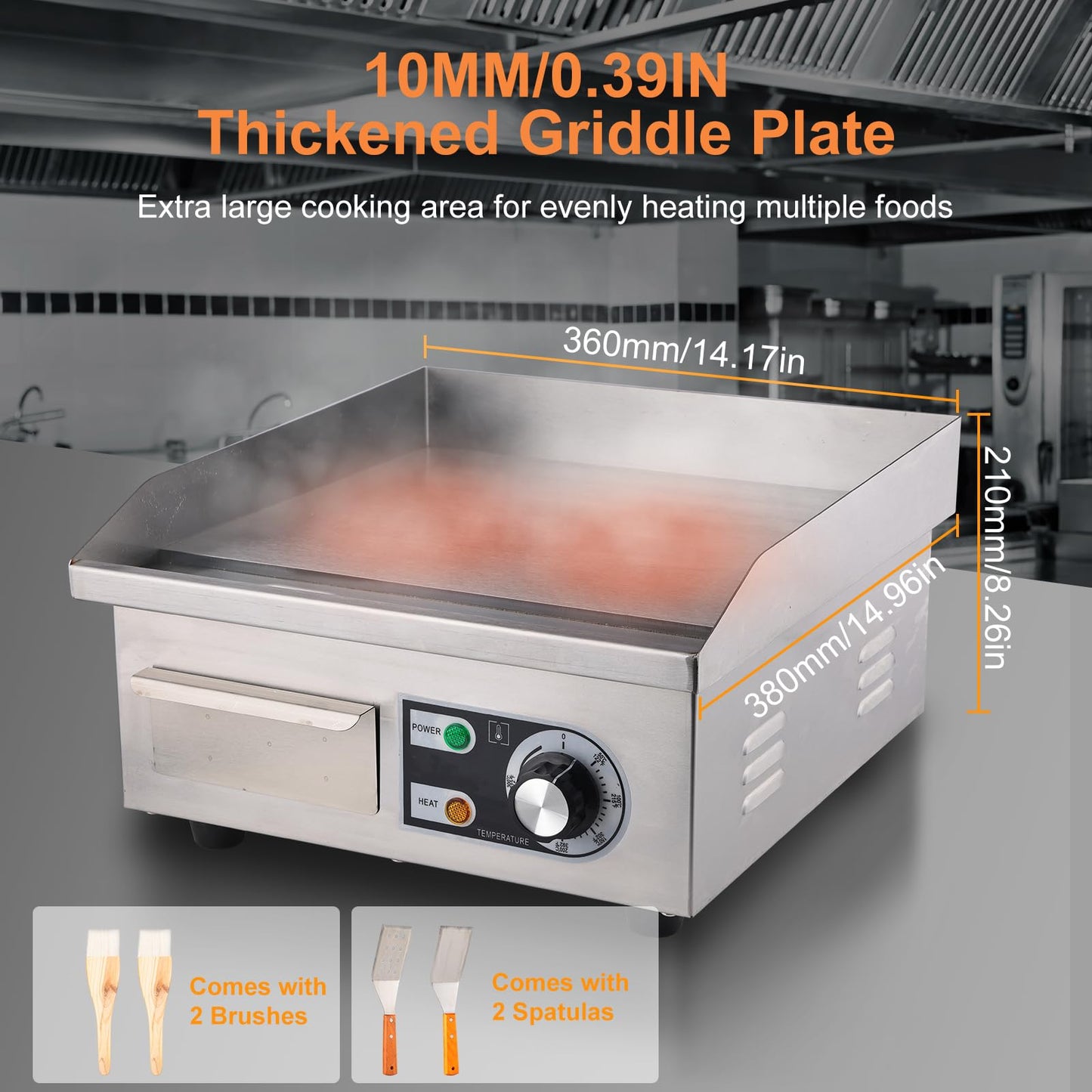 Commercial Electric Griddle, 14" Electric Countertop Flat Top Griddle,1600W 110V Non-Stick Electric Flat Top Grill Stainless Steel Teppanyaki Grill,122℉-572℉ Adjustable Temperature for Restaurant Home