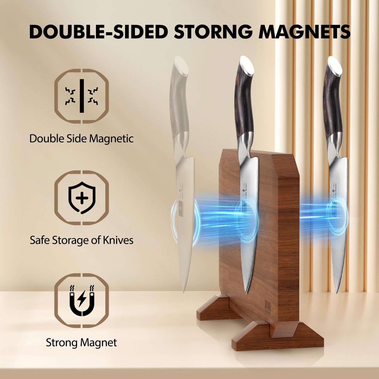 HOSHANHO Magnetic Knife Block, Thickened Acacia Wood Kitchen Knife Holder Stand with Strong Magnets, Multifunctional Double Side Knife Storage Organizer for Kitchen Counter