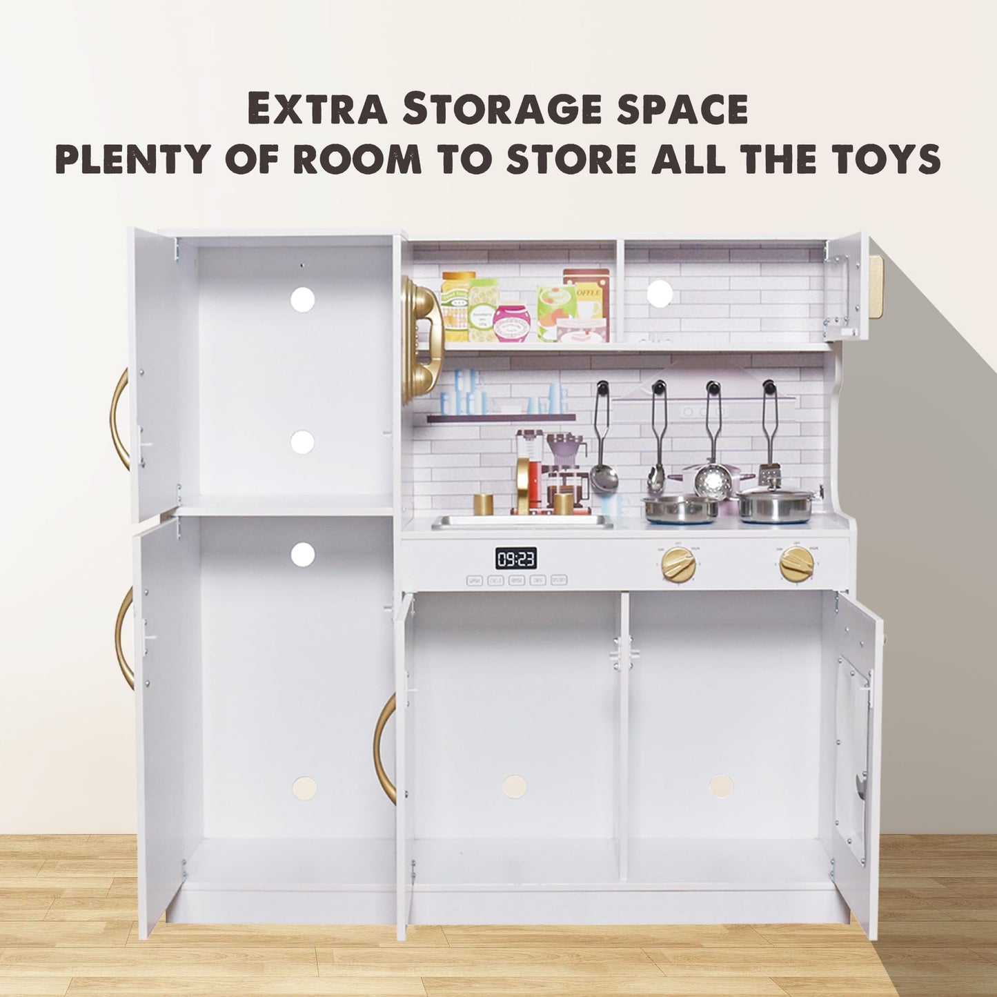 TOUCH US Wooden Play Kitchen Toy Set with Light, Kids Children Pretend Toy Kitchen Playset, Sink with Faucet, Oven, Microwave, Kitchenware Set Accessories for Ages 3-8 Girls Boys