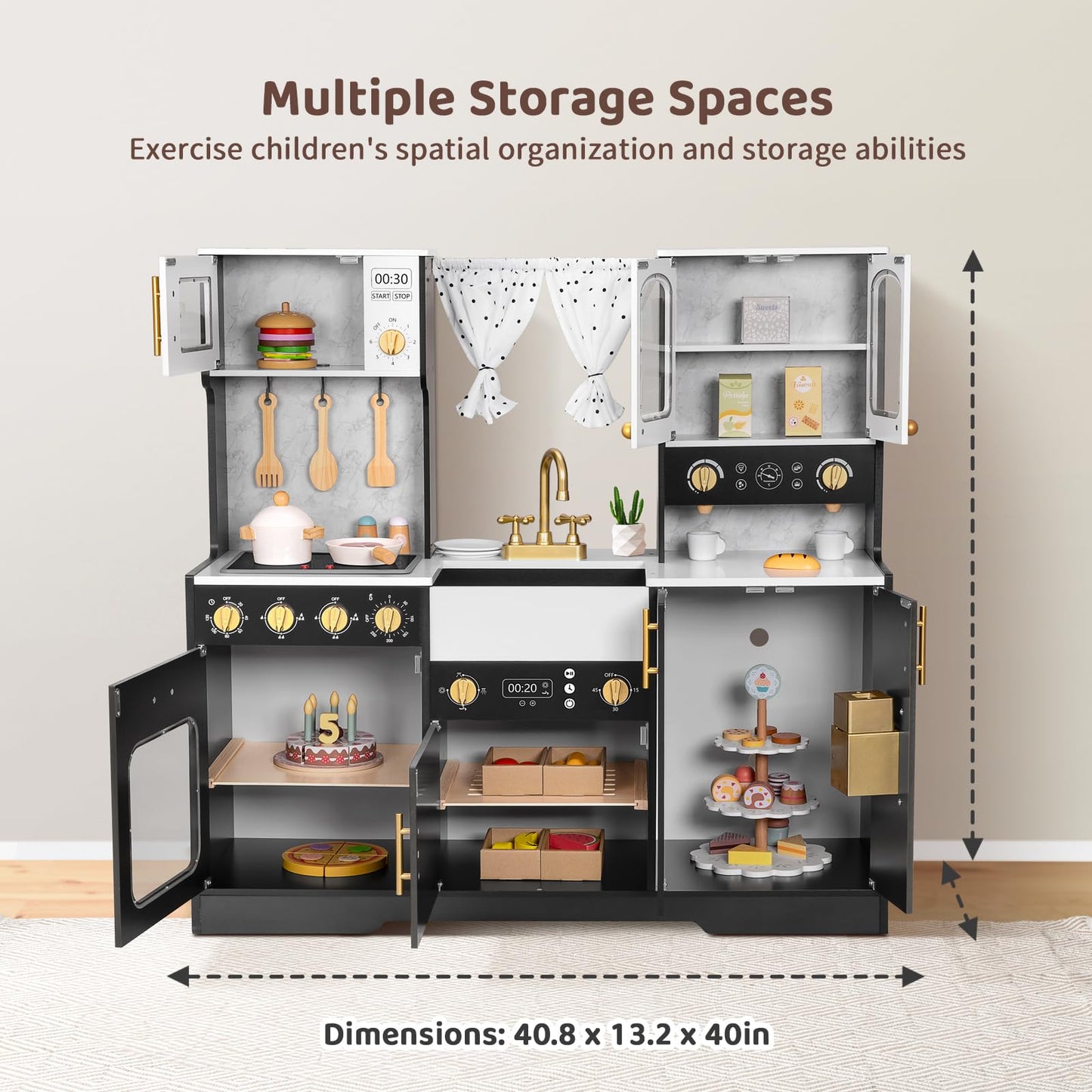 OOOK Modern Wooden Play Kitchen Set for Kids, Toddler Kitchen Playset with Real Lights & Sounds, Including 14 Pcs Accessories, Gift for Girls and Boys