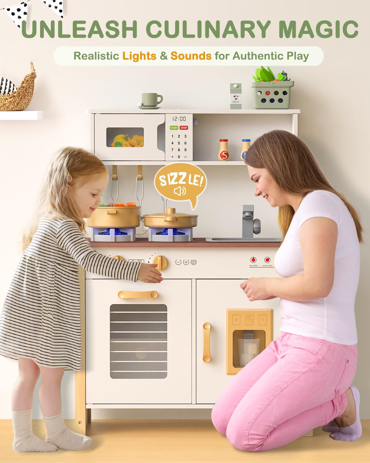 Babytronic Kids Play Kitchen, Wooden Kitchen Playset for Kids Ages 3+ with Real Lights, Sounds, Stove, Sink, Oven, and 30 Pcs Accessories, Toys Kitchen Small Pretend Play Kitchen for Toddlers (White)