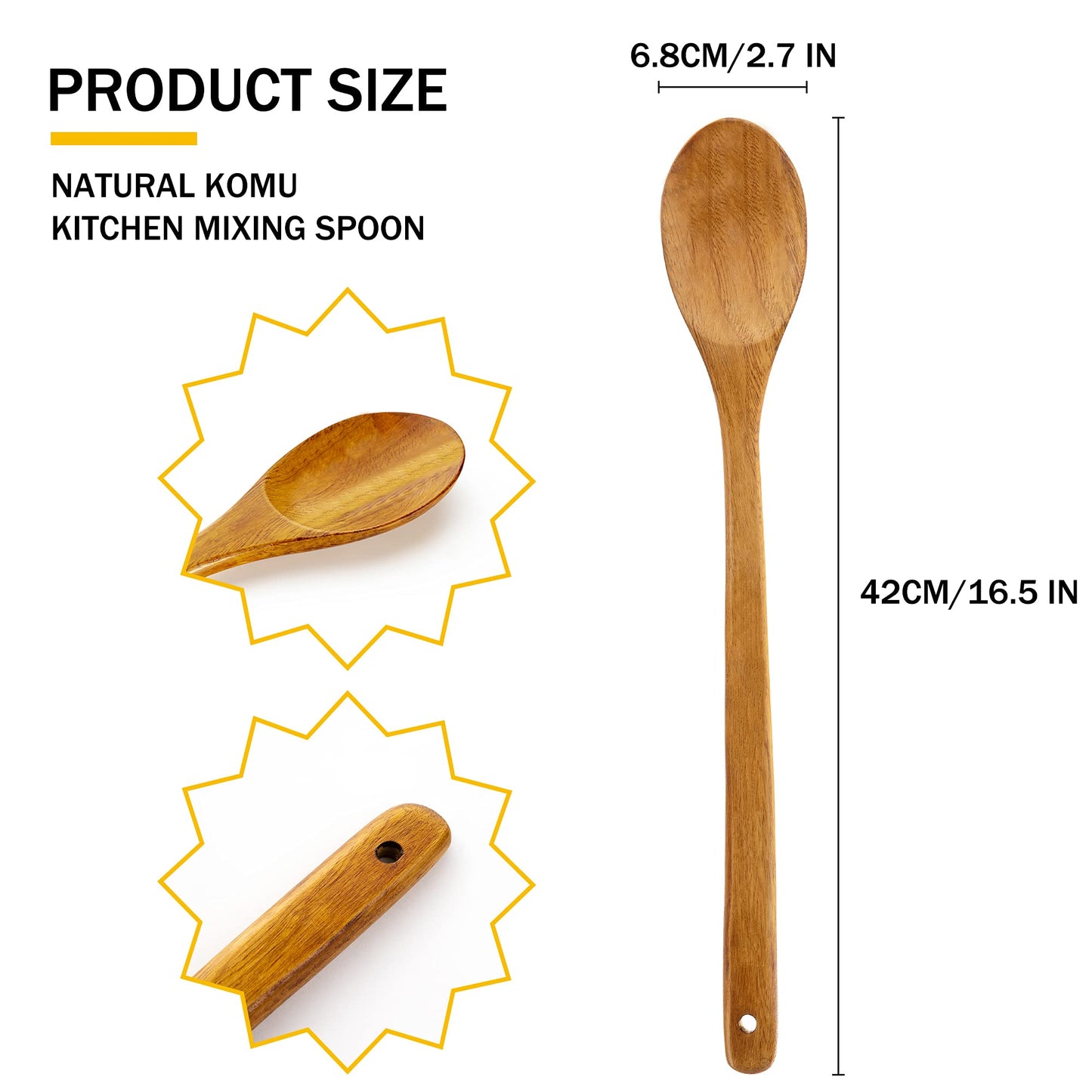 FJNATINH Long Handle Wooden Mixing Spoon, 16.5 inches Long Wooden Soup Spoon for Cooking and Stirring