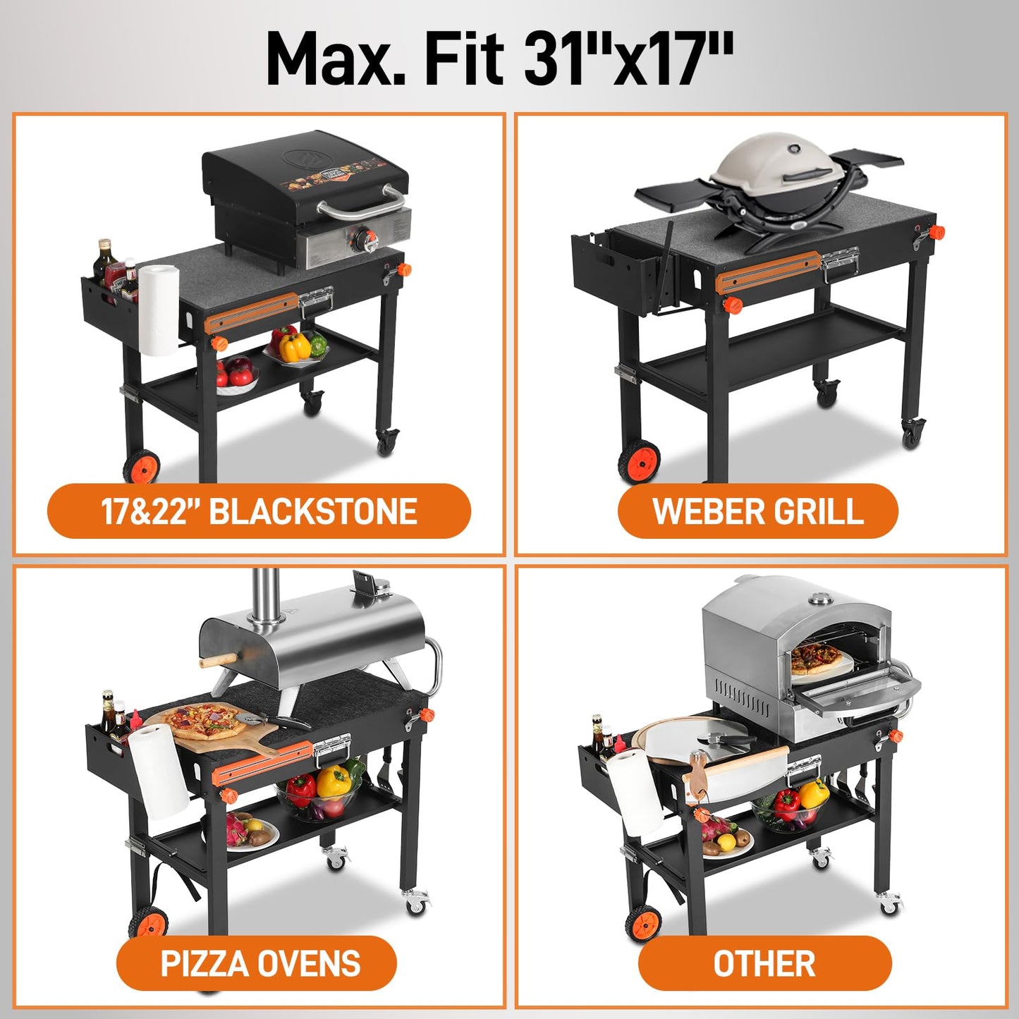 AOKEMAi Portable Universal Grill Table Stand, Dining Cart, Sturdy Camping Folding Table, Blackstone Stand with Caddy: Outdoor Table for Ninja Grill, Pizza Oven, Black