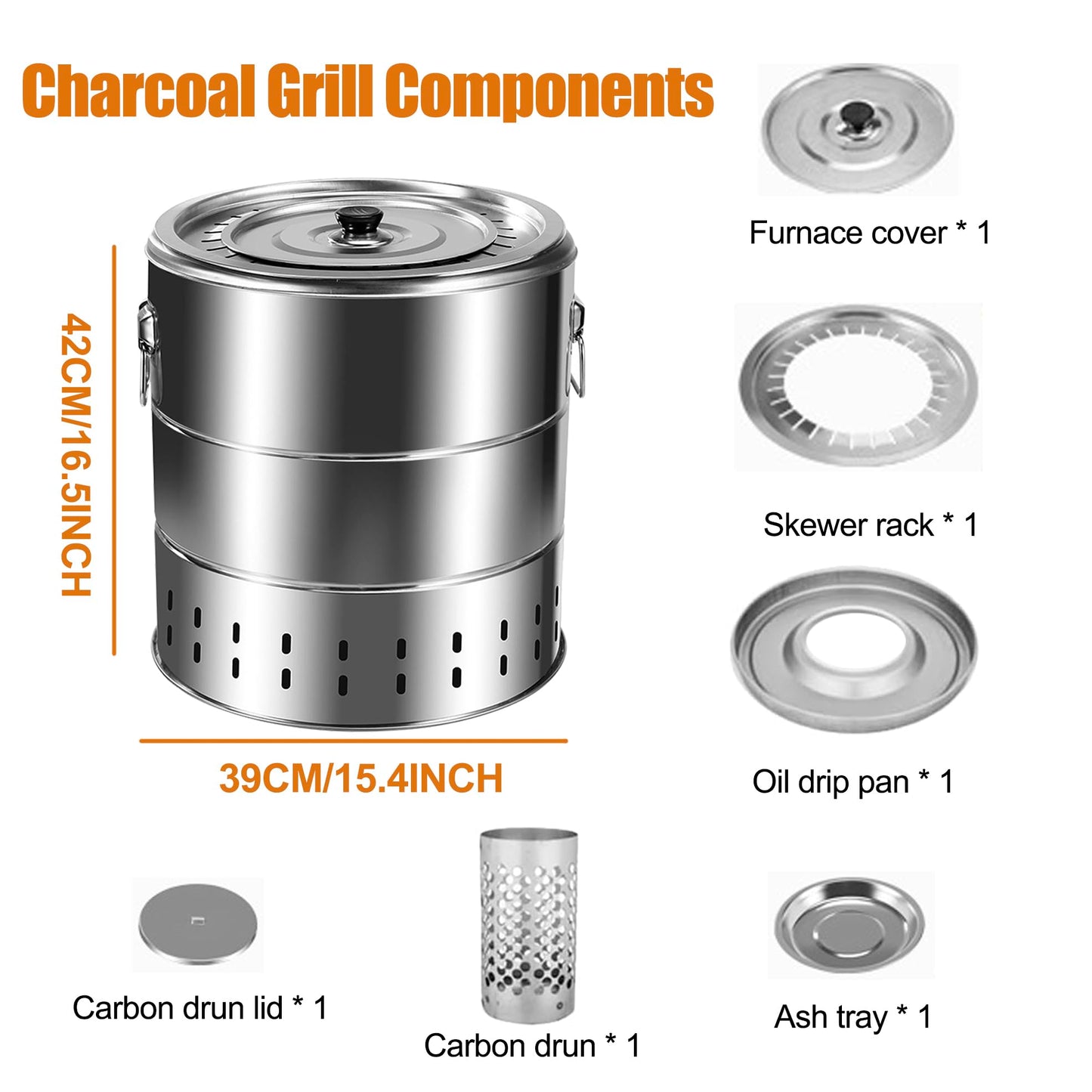 GXONE Stainless Steel Smokeless Barbecue Surround Charcoal Grill, Portable kebabs Charcoal Grill with Grilling Accessories Set, Diameter 15.4 inch/28 Kabob Skewer