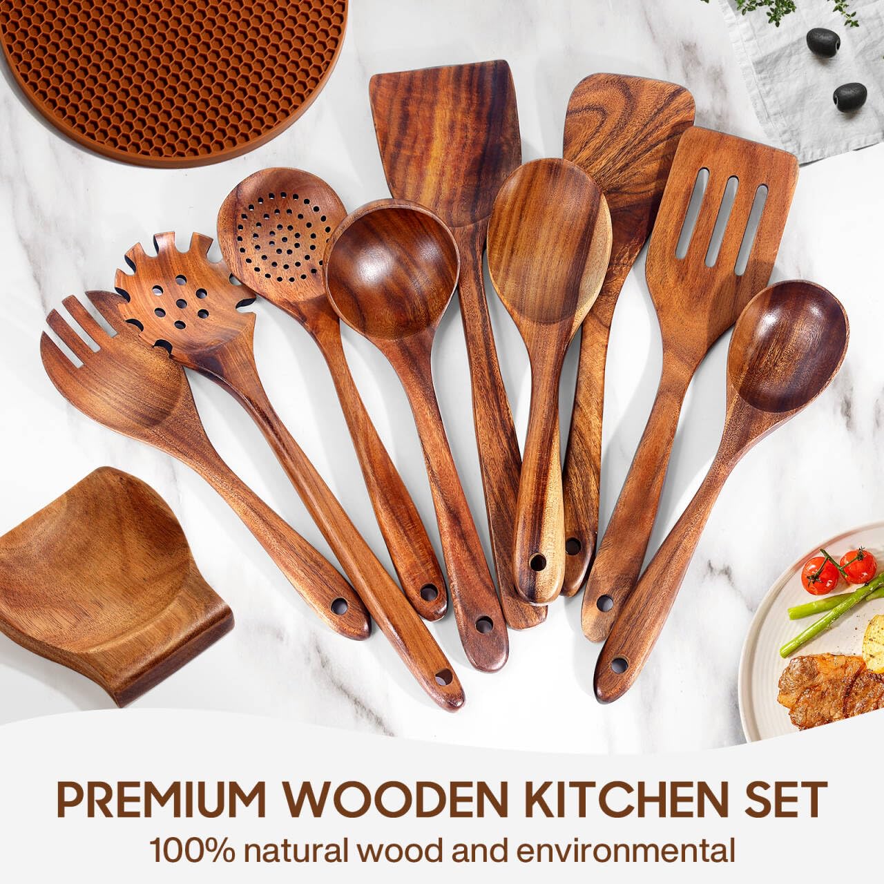 Spardar Wooden Kitchen Utensils, 12 Piece Set Wooden Spoon Set with 9 Teak Wood Cooking Spoons, Spoon Rest, Pot Holde, 3.3 Inch Utensil Holder, as Kitchen Decoration and Housewarming Gift