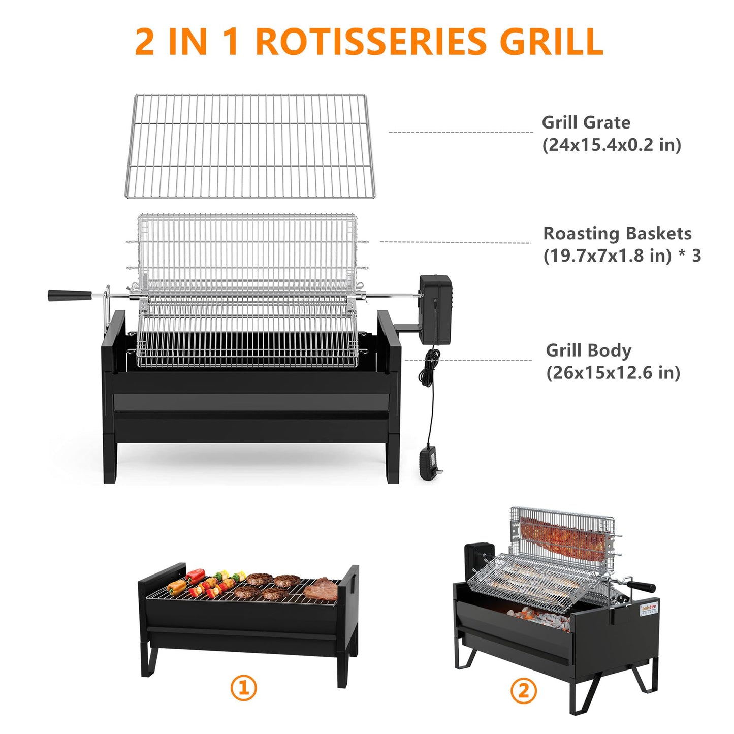 Onlyfire 2 IN 1 Charcoal Grill Rotisserie Kit with 3 Stainless Steel Rotating Baskets and 24 In Grill Grate, Auto Swivel BBQ Roasting Machine for Outdoor Patio Backyard Barbecue, GS304