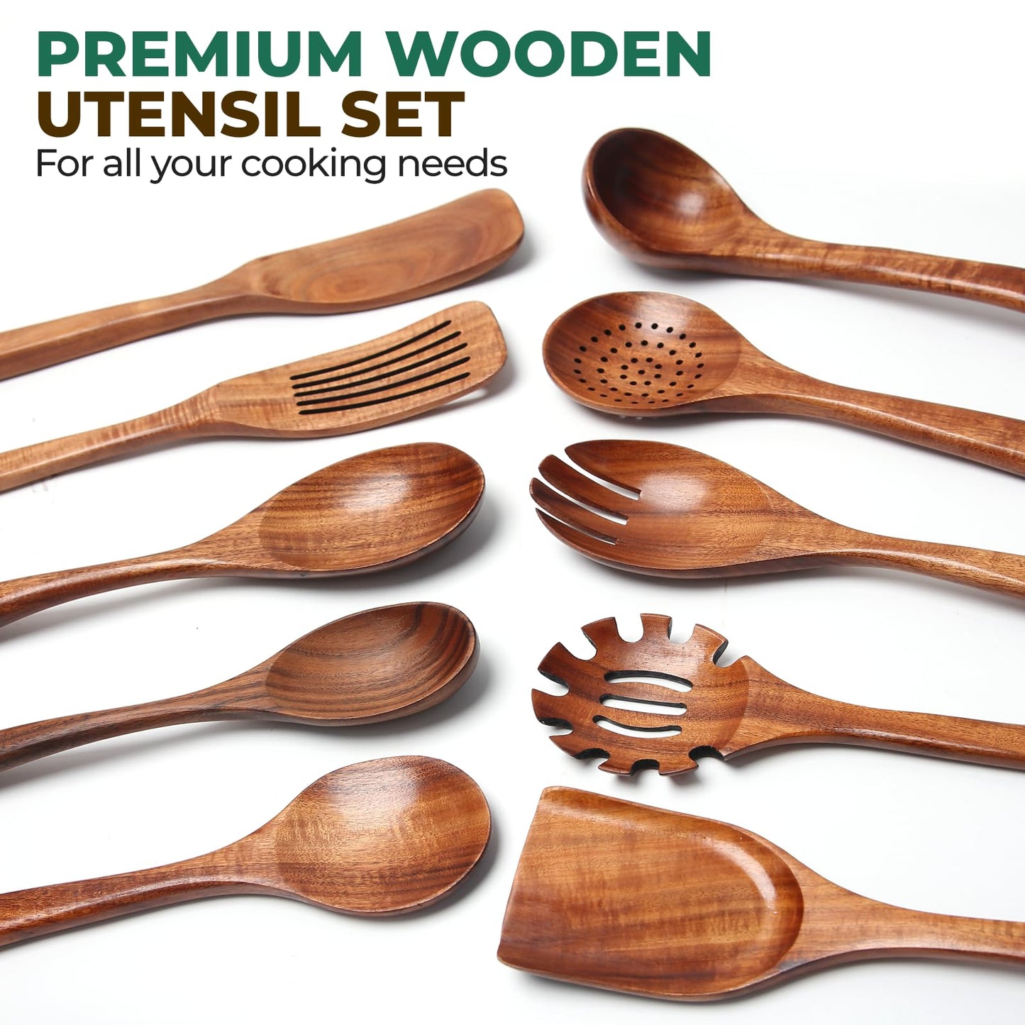 KAQISE 10PCS Wooden Utensils Set, Teak Wood Spoons&Spatulas,Kitchen Utensils for Nonstick Cookware-Spatula|Soup Ladle|Strainer Spoon|Pasta Fork,Heat Resistant Wooden Cooking Tools
