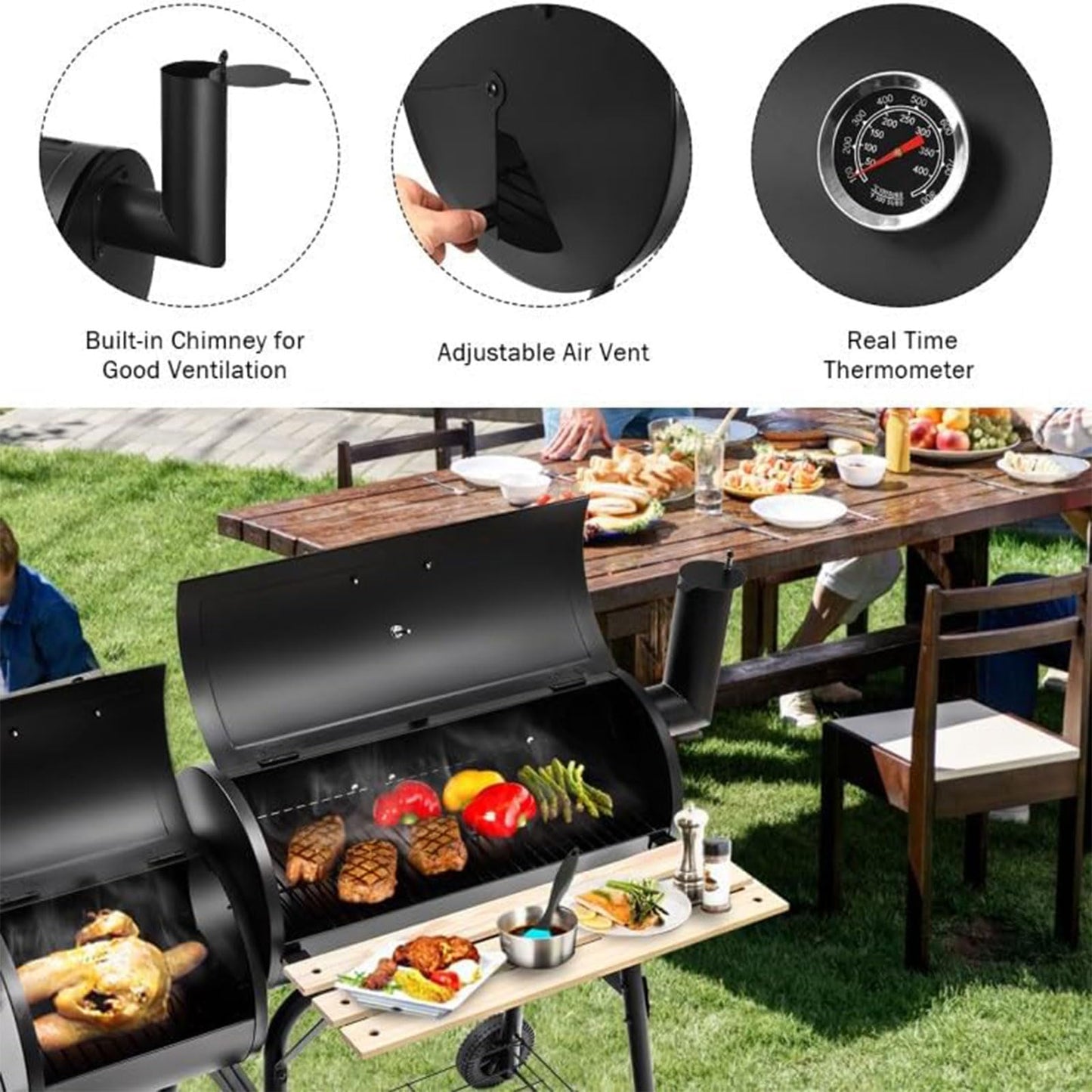 RENJJPBO Barrel Charcoal Grill with Offset Smoker, Wheels for Easy Rolling, and Table for Small Patio Backyards
