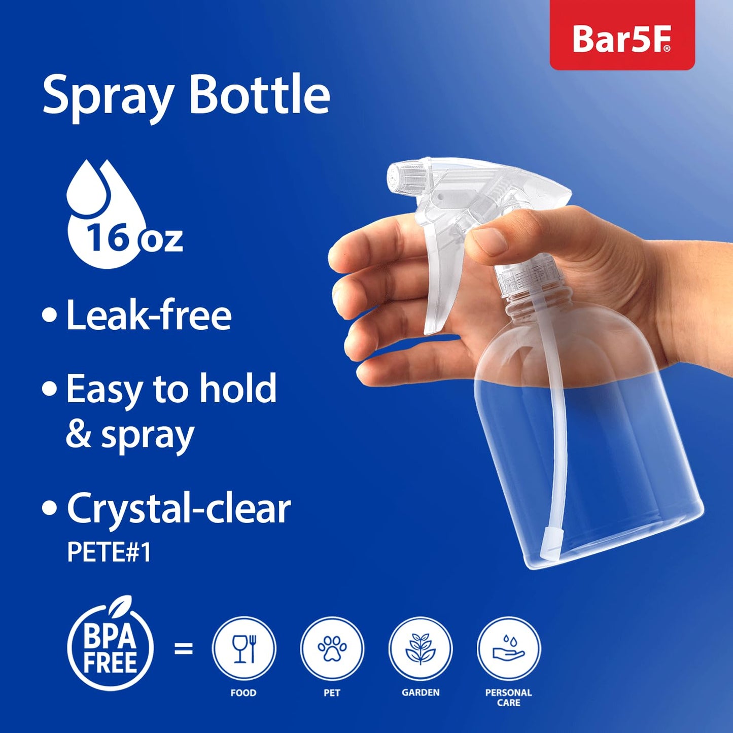 Bar5F Plastic Spray Bottle, 16 oz | Leak Proof, Empty, Clear, Trigger Handle, Adjustable Fine to Stream Output, Refillable, Heavy Duty Sprayer for Hair Salons & Spas, Household Cleaners, Cooking