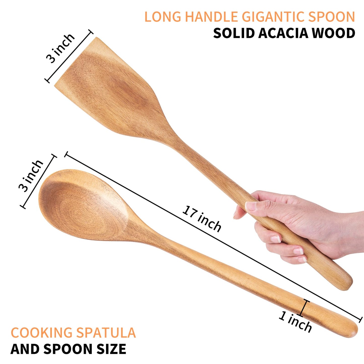 2PCS Long Handle Gigantic Spatula Spoon Premium Acacia Wooden Spoons For Cooking 17''Large Soliod Wooden Cooking Spoons Smooth Finish in Large Style Cooking Kitchen Utensil Set
