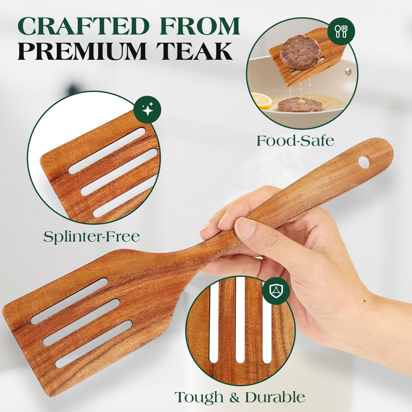 Bkiok Wooden Slotted Spatula for Cooking, Handmade Teak Wood Flat Frying Spatula Turner for Nonstick Cookware