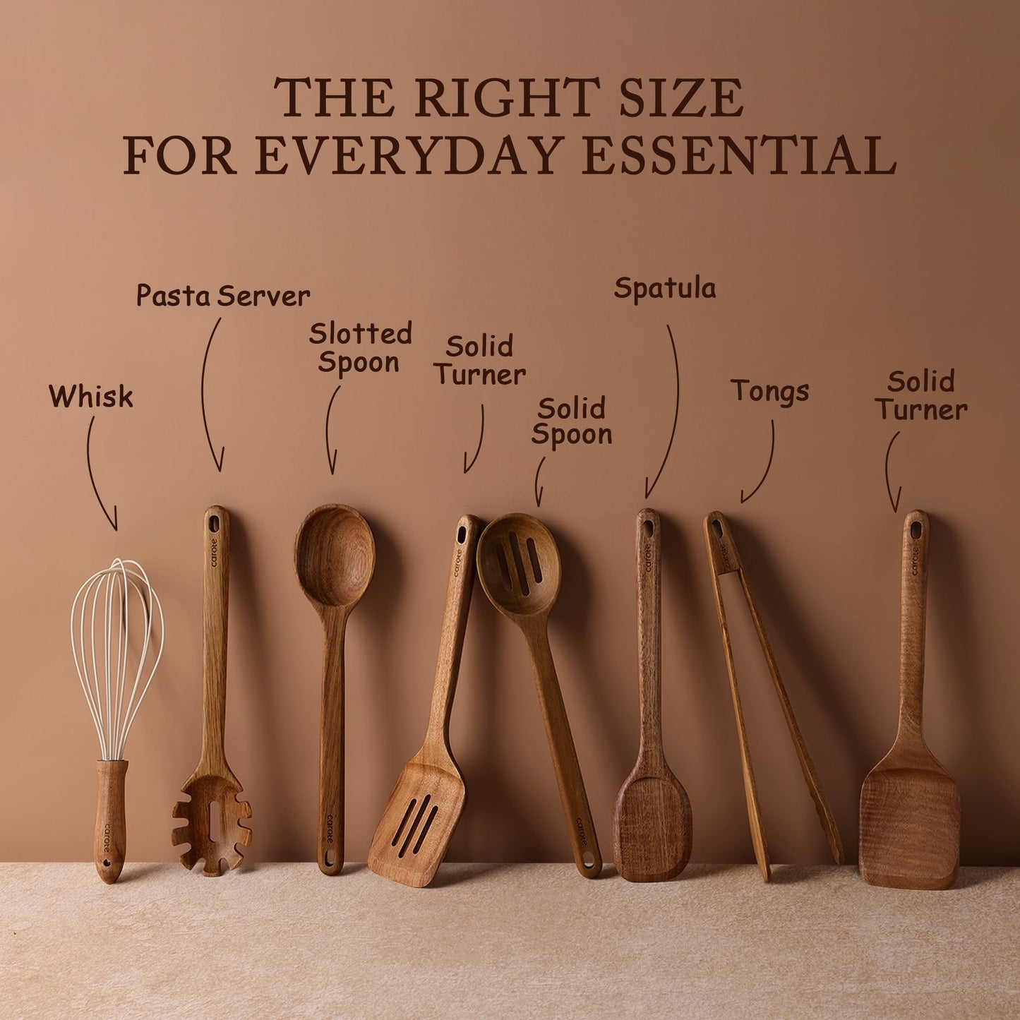 CAROTE Wooden kitchen Utensils Set, Acacia Wood 8pcs Cooking Utensil Set for Nonstick Cookware, Long-lasting Wooden Spoons for Cooking, Spatula, Turner