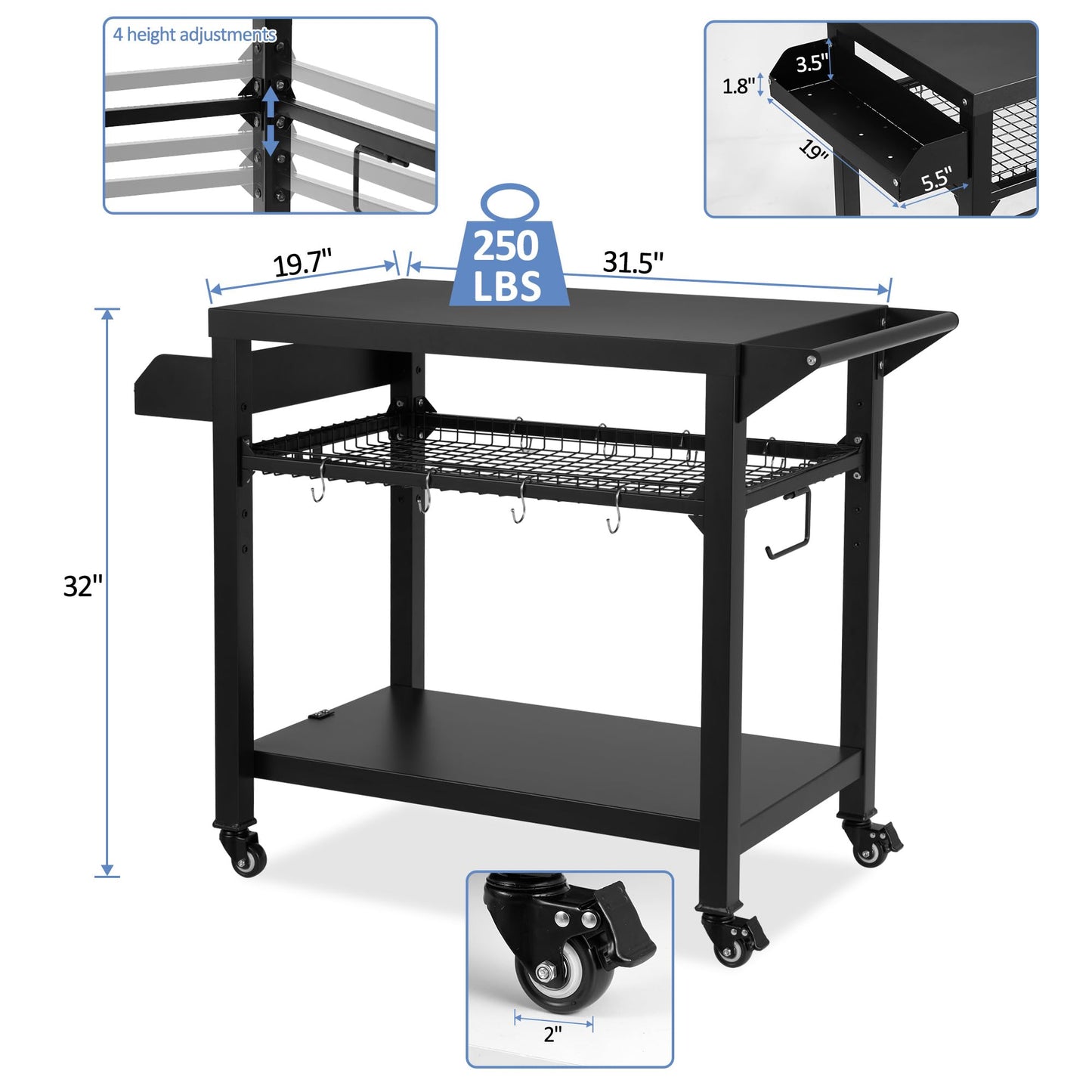 Spurgehom Grill Cart, Pizza Oven Stand Table with Wheels, Outdoor Movable Kitchen Cooking Prep Table BBQ Cart with Mesh Racks for Home Party, Bar, Camping