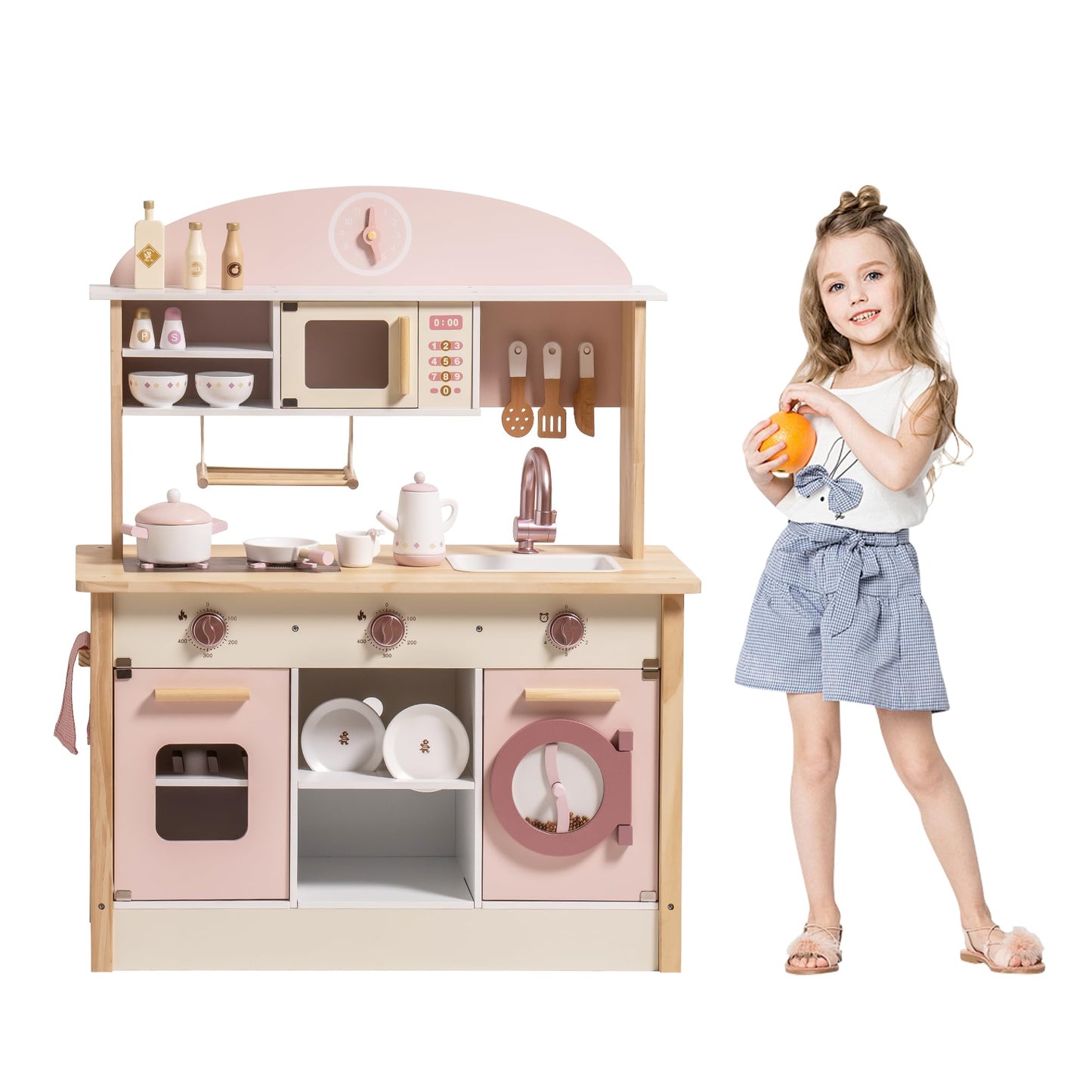 ROBOTIME Wooden Play Kitchen Set, Pretend Play Kitchen Set for Kids with Realistic Design, Kids & Toddlers Kitchen Playset with Dishwasher, Toy Kitchen Set for Boys and Girls Ages 3+ (Pink)