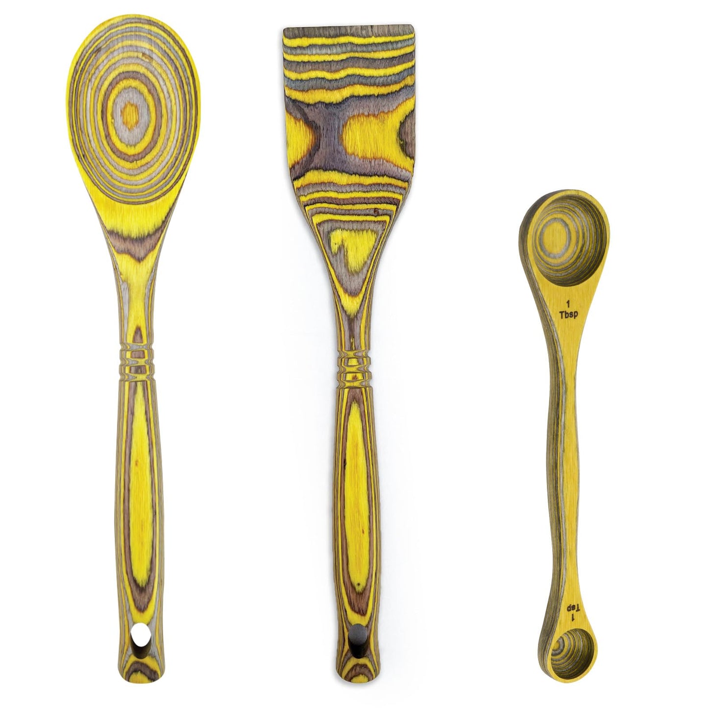Island Bamboo Pakkawood 3 Piece Cooking Utensil Set with Spatula, Spoon, Measuring Spoon, Lemon