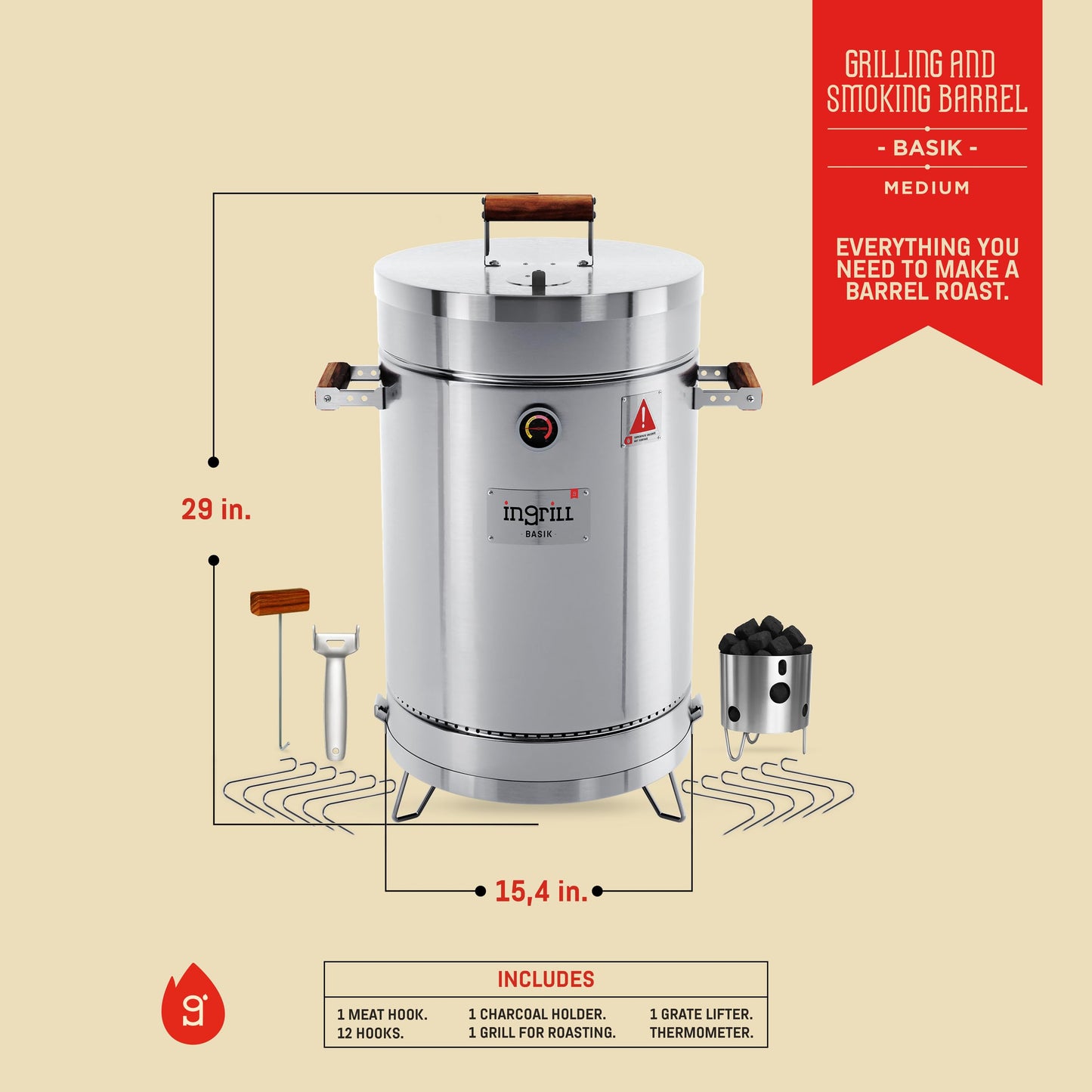 INGRILL Charcoal Grills - Basic 25 lbs - Stainless Steel Smoker Grill 3-in-1 for Cooking & Home BBQ - Portable Vertical Smoker Barrel for Outdoor & Camping - Meat Grill with Thermometer & Accessories