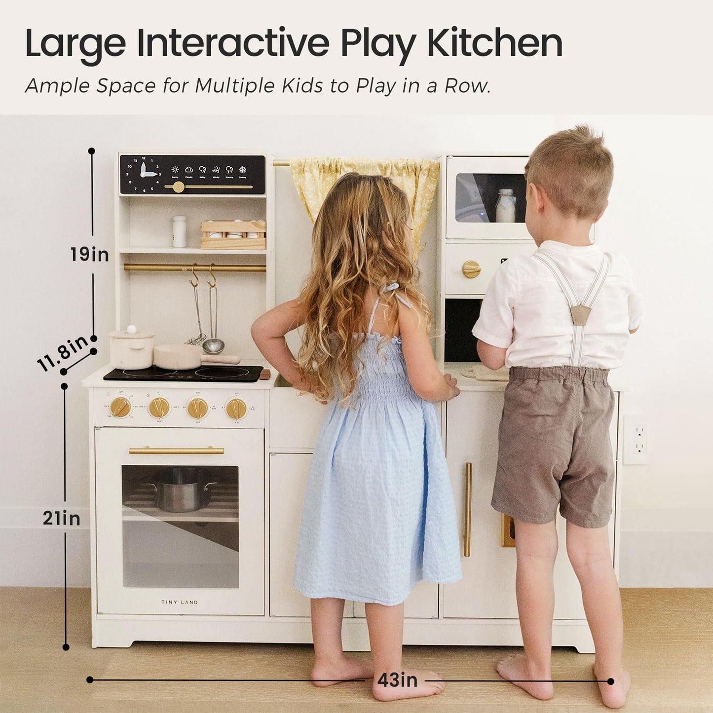 Tiny Land Play Kitchen for Kids, Toy Kitchen Set with Plenty of Play Features, New Modern Kids Wooden Play Kitchen Designed in Trendy Home Style with Curtains, Gift for Ages 3+