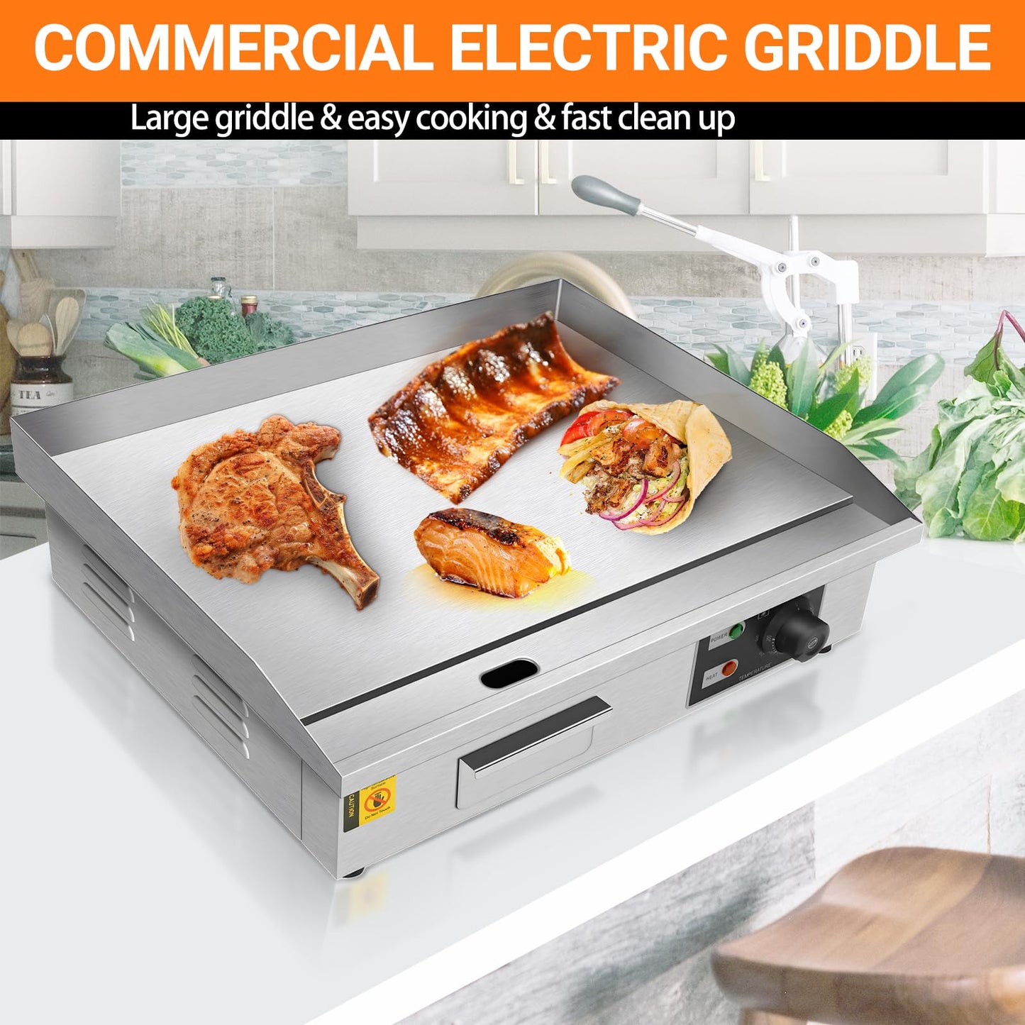 22inch 110V Commercial Electric Griddle 1600W Countertop Flat Top Griddle, Stainless Steel Teppanyaki Grill, 122-572℉ Adjustable Temp Control for Restaurant Kitchen