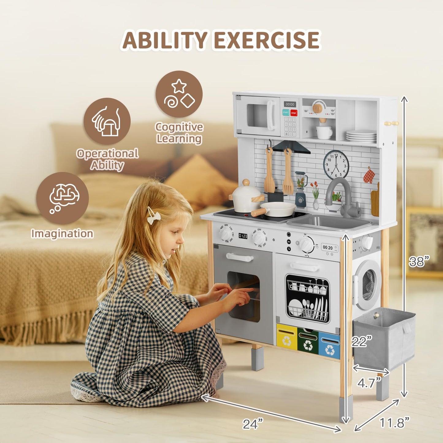 OOOK Kids Kitchen Playset with Garbage Classification, Wooden Pretend Play Kitchen with Sound and Light, Kitchen Set for Kids Equipped with Blackboard, Worldmap ect., Gift for Boys and Girls Aged 3+