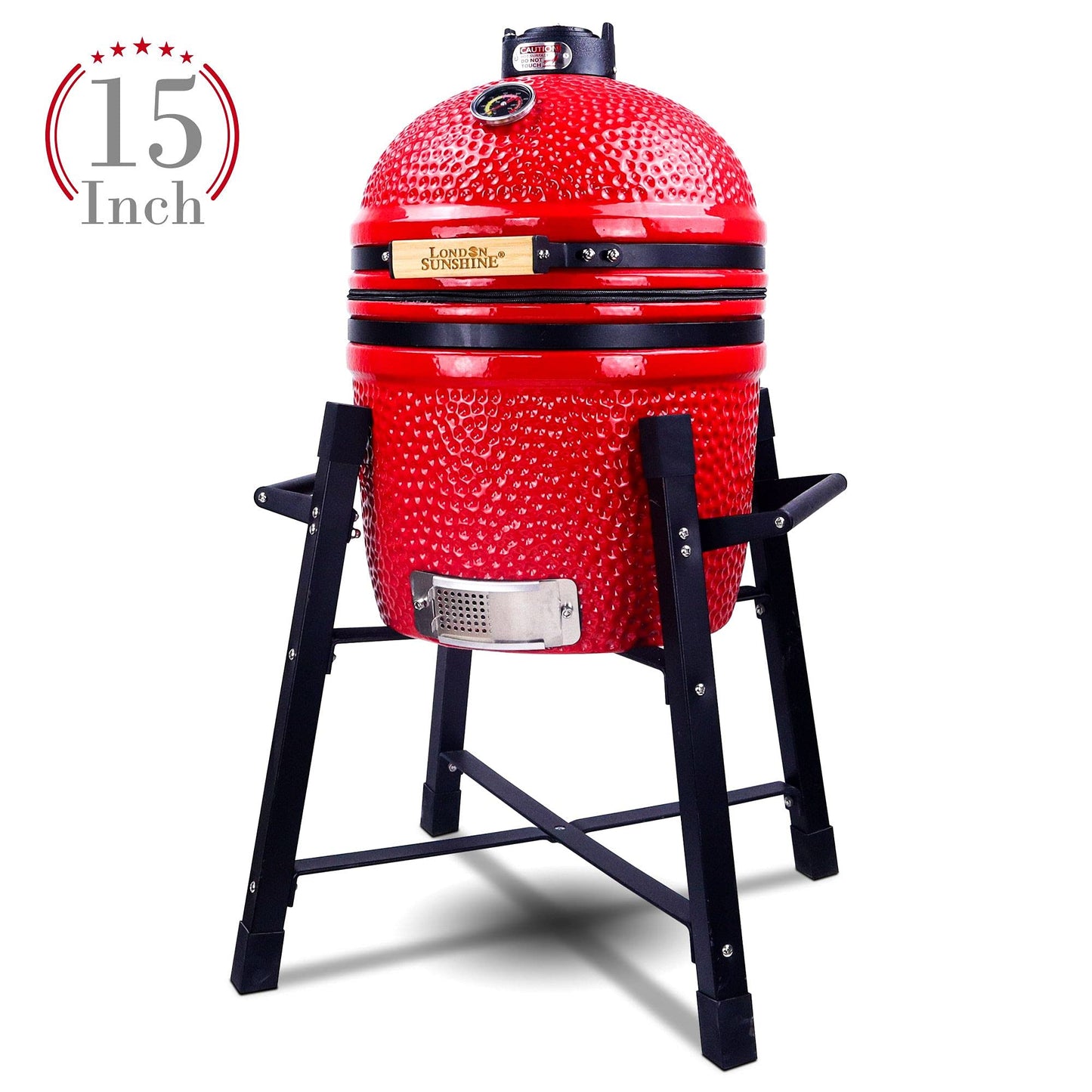 London Sunshine Ceramic Kamado Charcoal BBQ Grill and Smoker, Stainless Steel Grates -15" Ceramic with Tall Stand (RED)