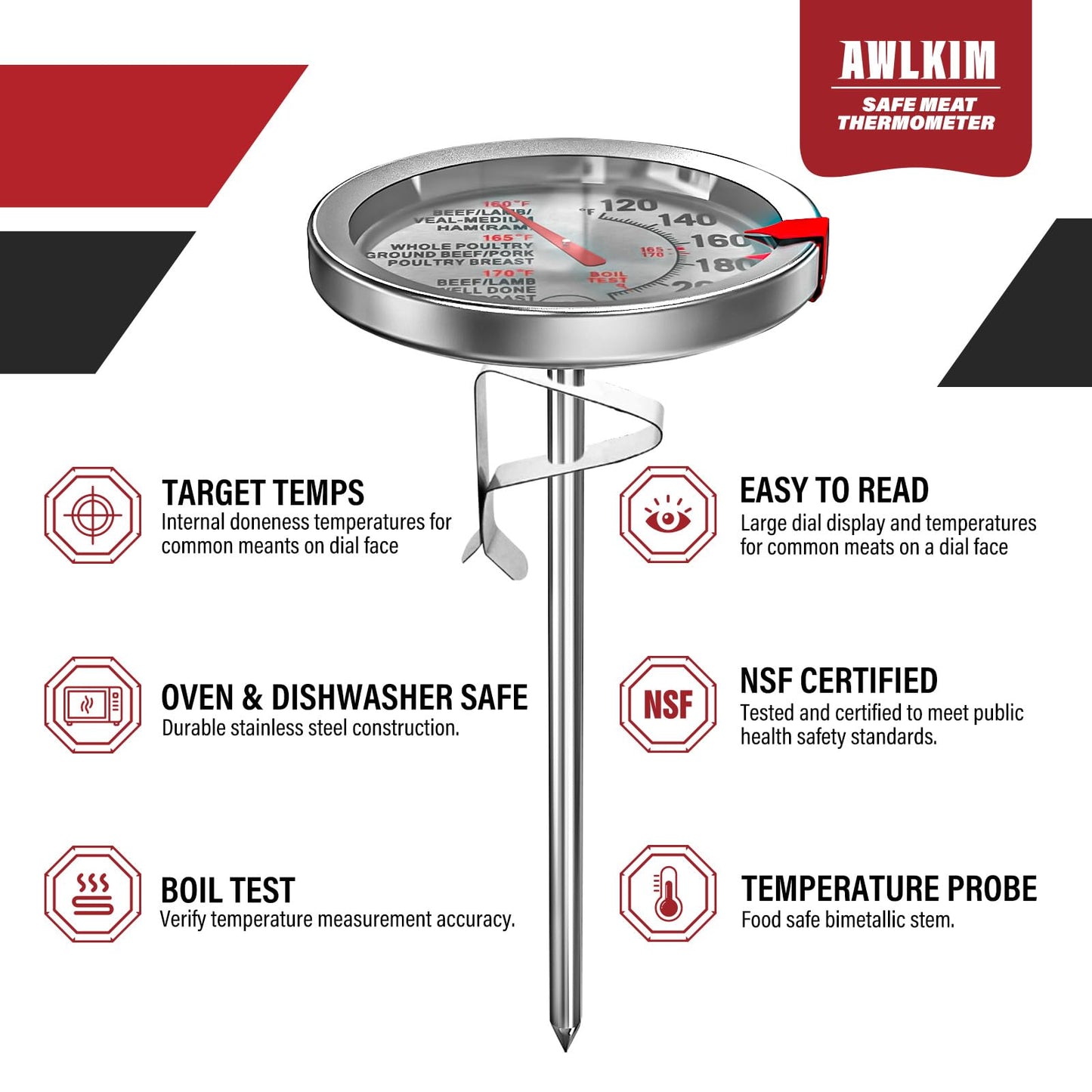 AWLKIM® 2 Pack Stainless Steel Meat Thermometer, Safe Leave in Oven, 2.5-in Extra-Large Dial Food Thermometer for Cooking, Temperature Probe for Baking, Candy, Oil, Steak, Turkey - Kitchen Gadgets