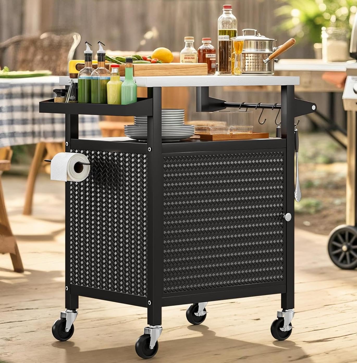 YITAHOME 25 Inch Outdoor Grill Cart with Stainless Steel Top, Outdoor Grill Table with Storage Shelves for Patio, Kitchen Prep, Grilling Accessories, Black