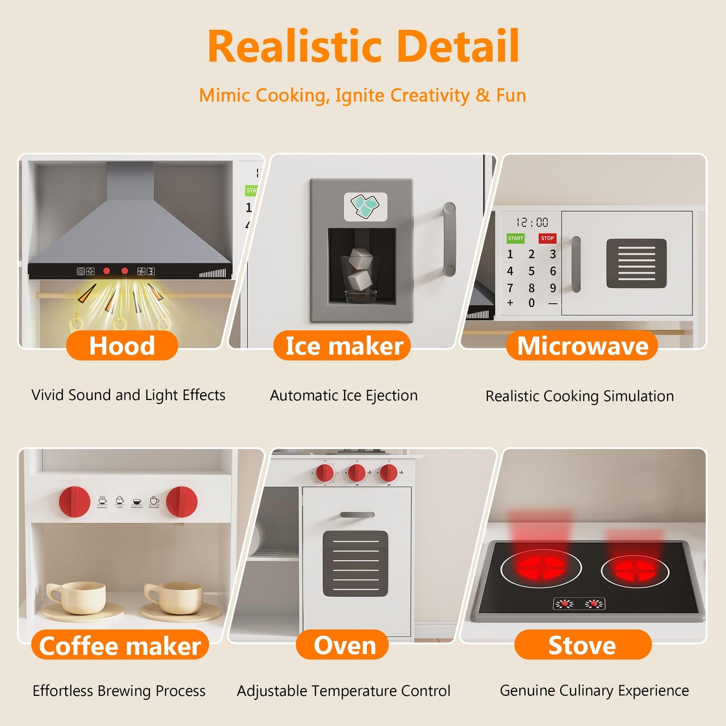 Large Wooden Play Kitchen for Kids - Realistic Kitchen Playset with Interactive Appliances & Storage - Hood, Microwave, Coffee Maker & Full Utensil Set - Gift for Boys & Girls Ages 3+