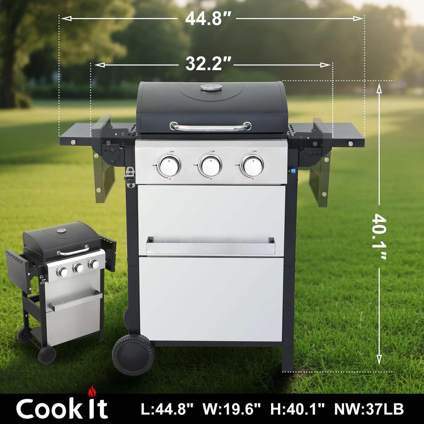 COOKIT 3-Burner Propane Gas Grill with 30,000 BTU Output - Enamel Cooking Grids, Easy-Clean Grease Management & Even Heat Distribution for Perfect BBQs (3-Burner)