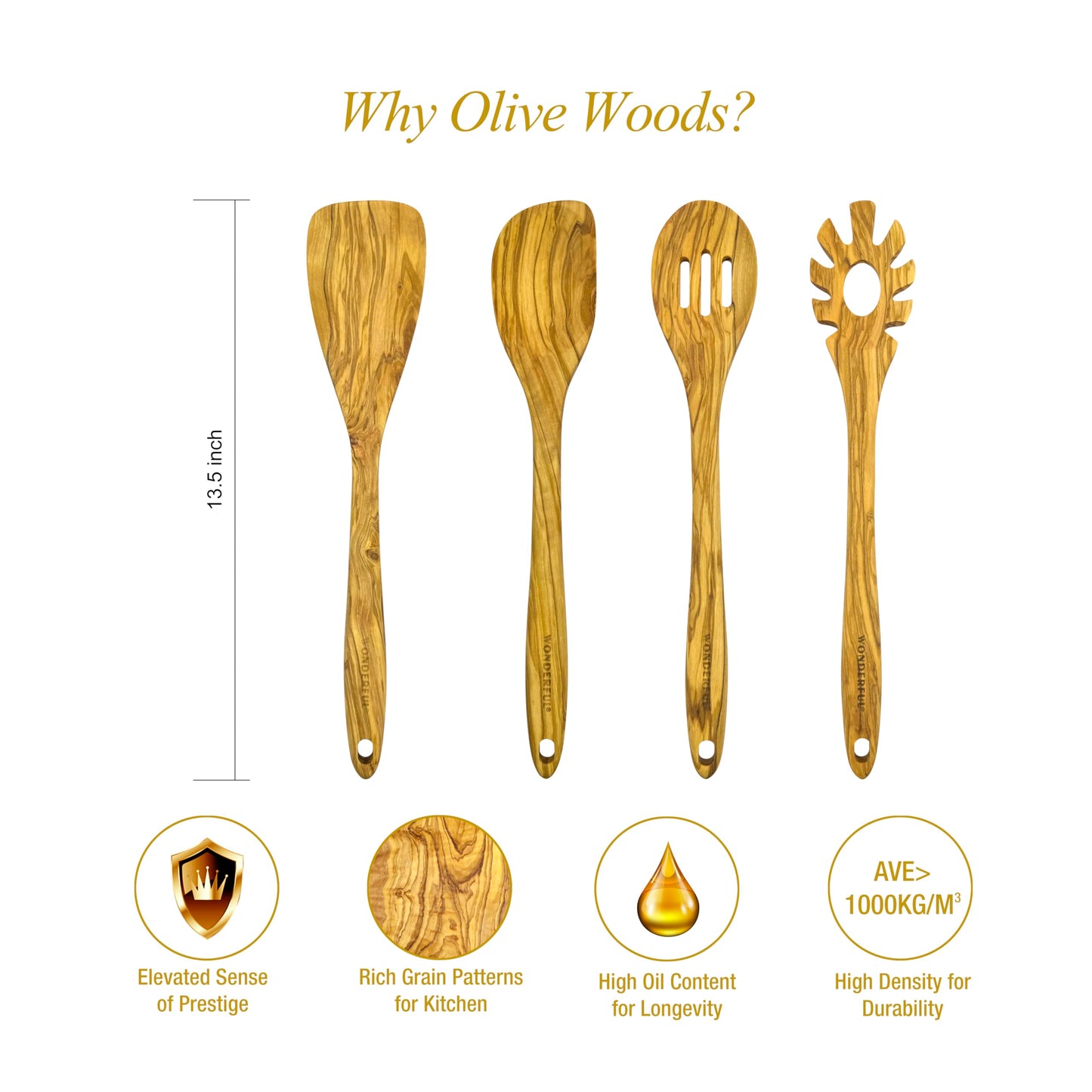 WONDERFUL 13.5 Inch Long Olive Wood Slotted Spoon, Wooden Spoons for Cooking, Healthy Stirring Serving Spoons, Mixing/Serving, Non-Stick