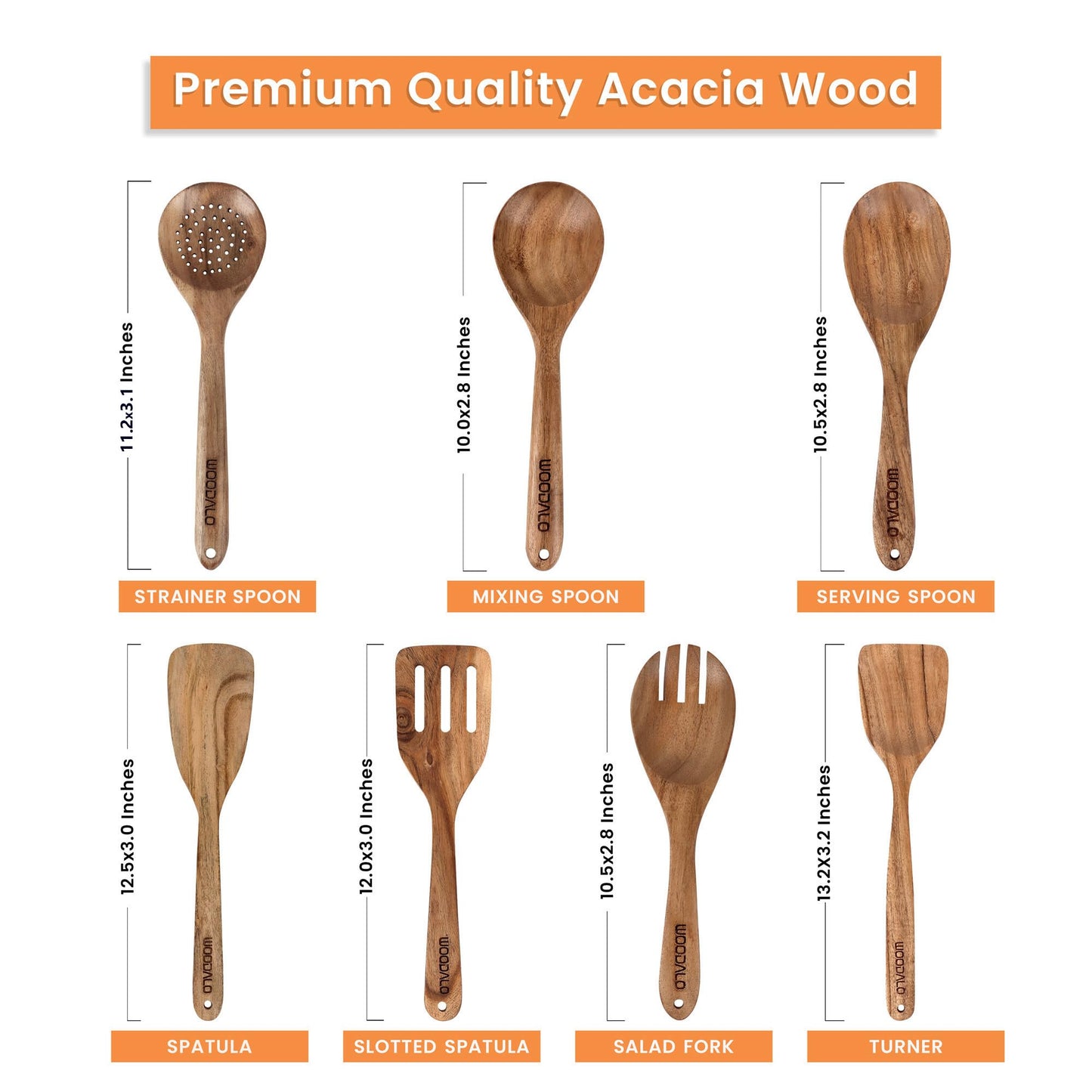 Woodalo Acacia Wooden Kitchen Utensil Set - 7 Pieces โ Premium Handcrafted Cooking Spoons & Spatulas, Eco-Friendly, Nonstick Cookware Safe, Ergonomic Design, Ideal for Cooking & Serving