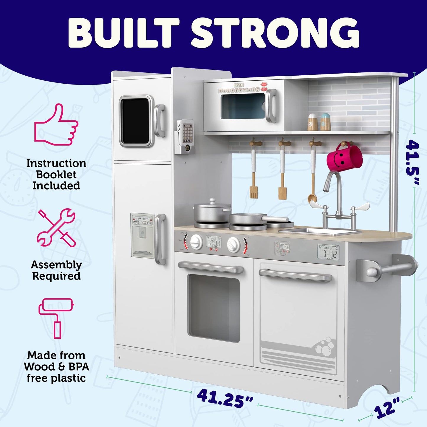 Play Kitchen - Wooden Kitchen Playset for Toddlers and Big Kids - Large Pretend Toy playset for Boys and Girls with Cooking Stove, Oven, Pots, Pans, Phone, Microwave, Fridge, Sink, Utensils - Ages 3-8