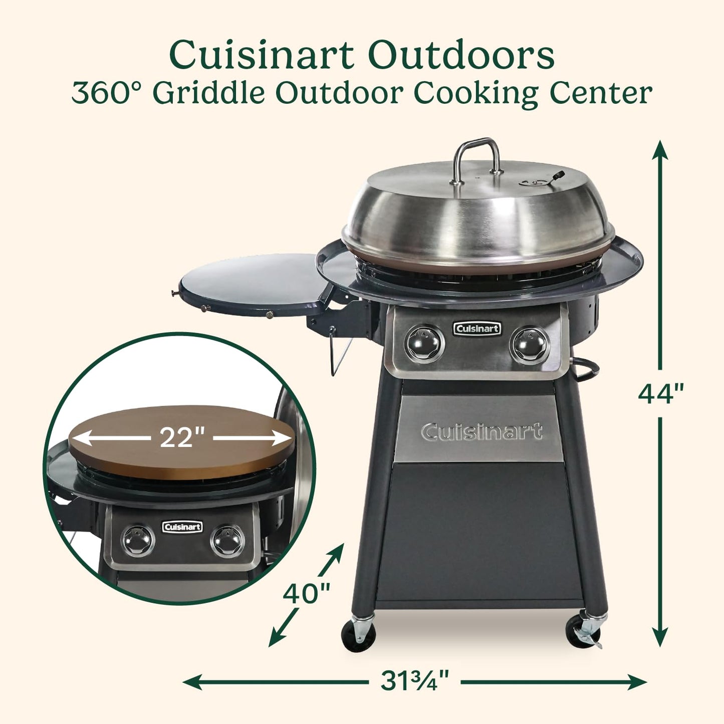 Cuisinart 360° Griddle Outdoor Cooking Center, 22” Round Flat Top Grill with Stainless Steel Vented Lid, Folding Prep Table, 30,000 BTU Burners, Grease Management, Gas Grill Perfect for BBQ, Cookouts