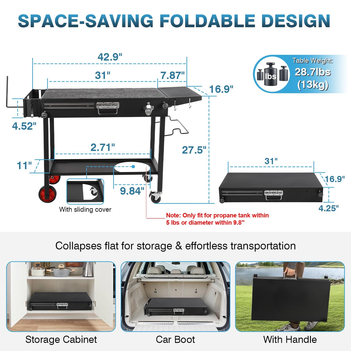 IRONWALLS Outdoor Grill Table Cart, 31"L x 17" W Folding Grilling Cart with Wheels, Portable Griddle Stand Pizza Oven Table, Food Prep Table, Wood-fire Grill Stand for Barbecue, Camping