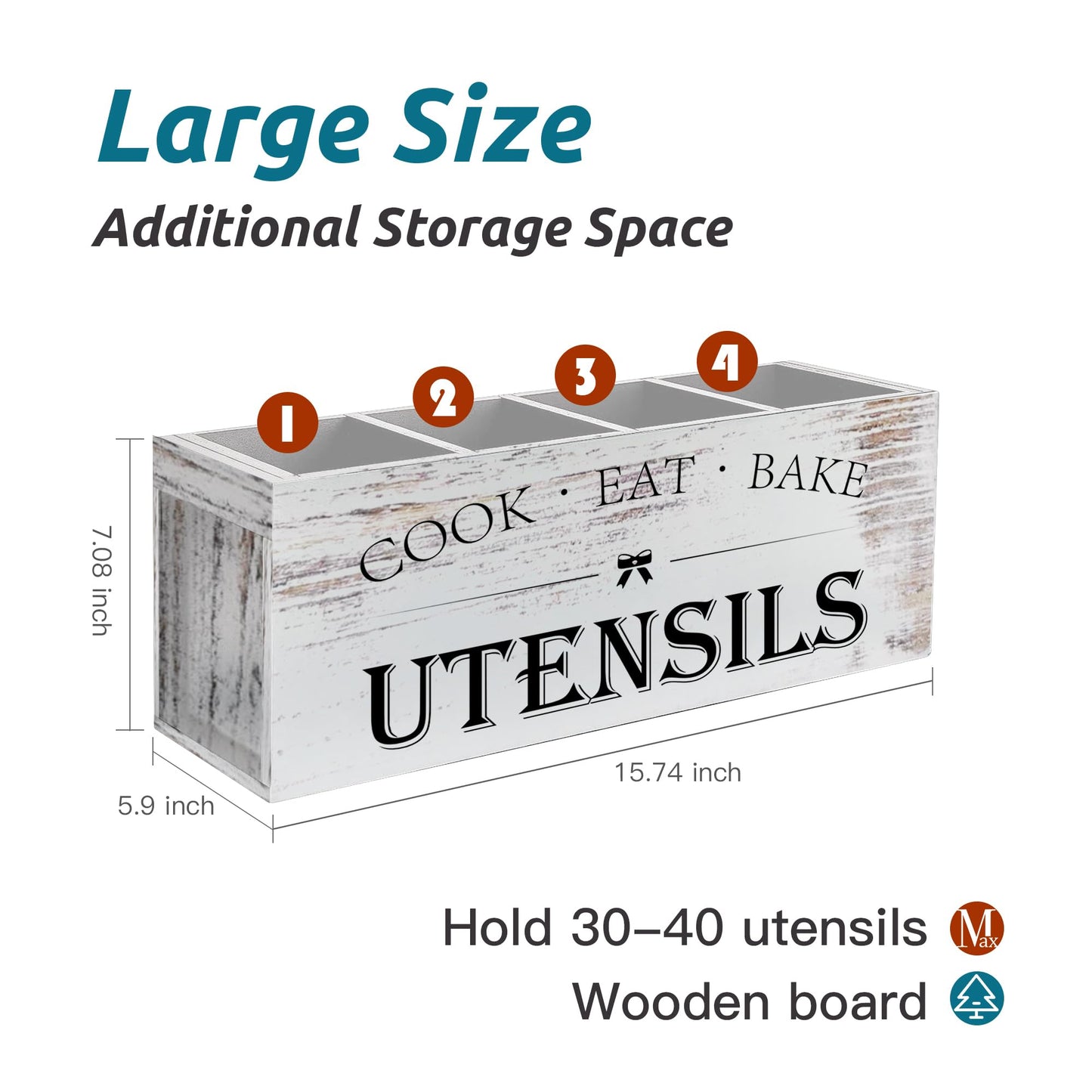 Suli Extra Large Kitchen Utensils Holder with 4 Compartments, Wooden Utensil Organizer for Kitchen Countertop, Farmhouse Decor, Rustic Cooking Utensil - White grain