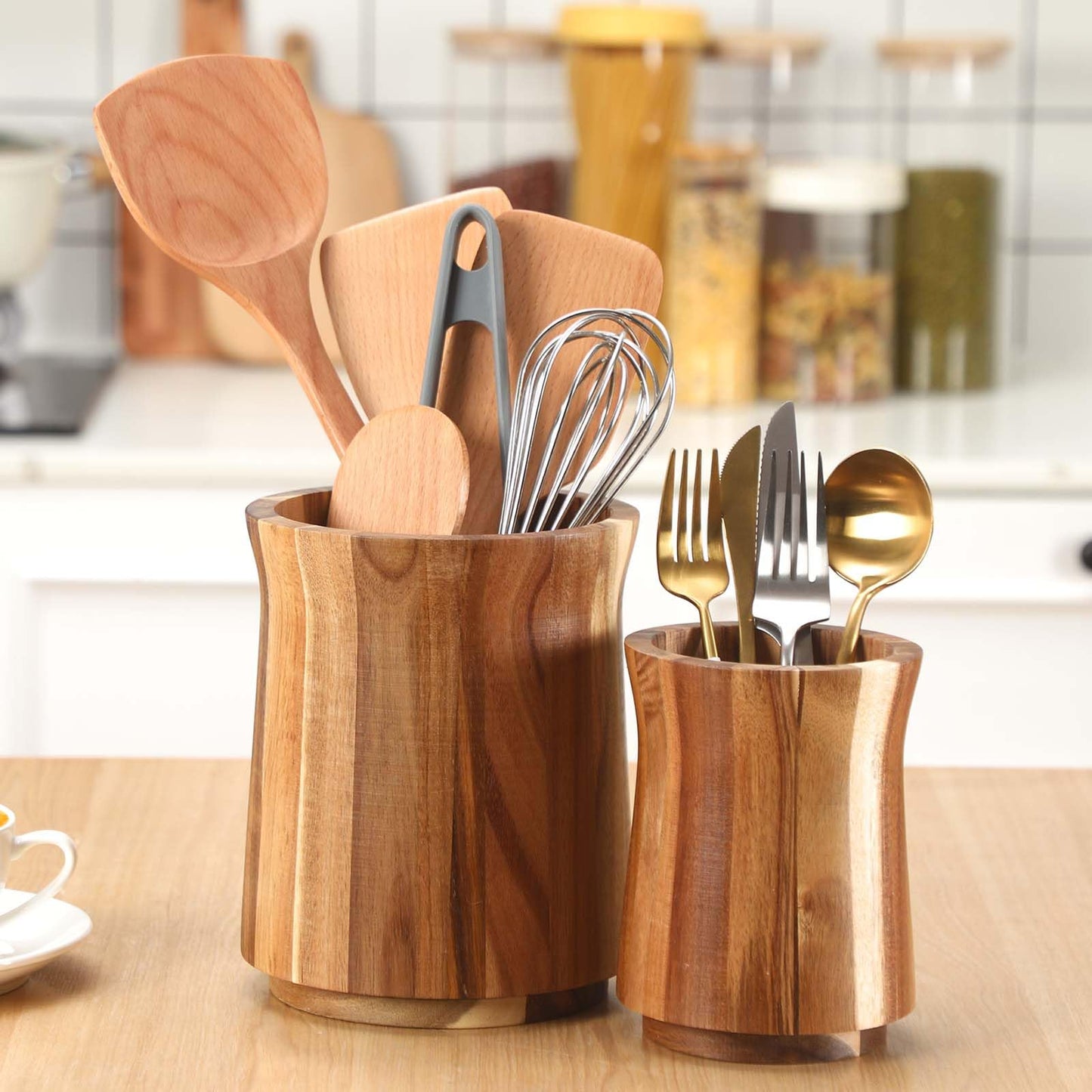 Teenyyou 2 Pcs Wooden Utensil Holder 360° Rotating Kitchen Utensil Holder 7.3" and 5.7" Large Cooking Tool Organizer Crock for Kitchen Countertop Farmhouse Home Decoration