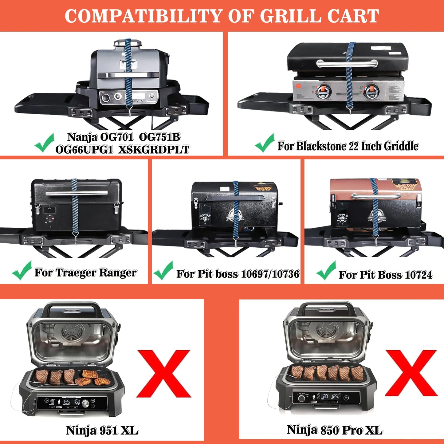 GRISUN Foldable Grill Cart for Ninja OG700–OG750 & Blackstone 22" | Portable BBQ Stand with Wheels, Side Table & Storage Basket