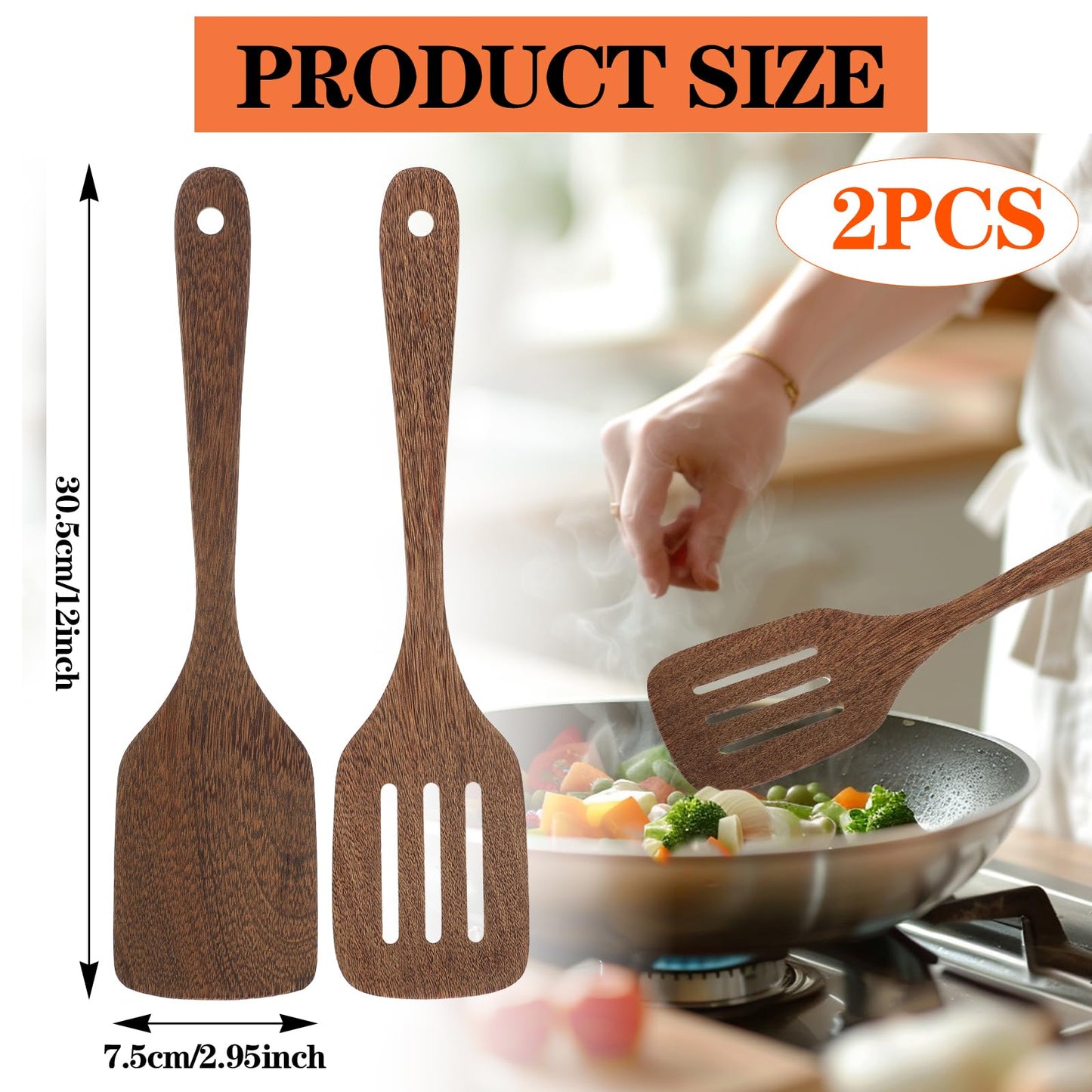 2Pcs Wooden Spatula for Cooking, 12'' Long Handle Nonstick Turner Acacia Natural Teak Wood Flat Spatulas Handmade Non Toxic Cooking Spurtle Utensils for Kitchen Gifts, Cooking Eggs, Fish, Pancakes