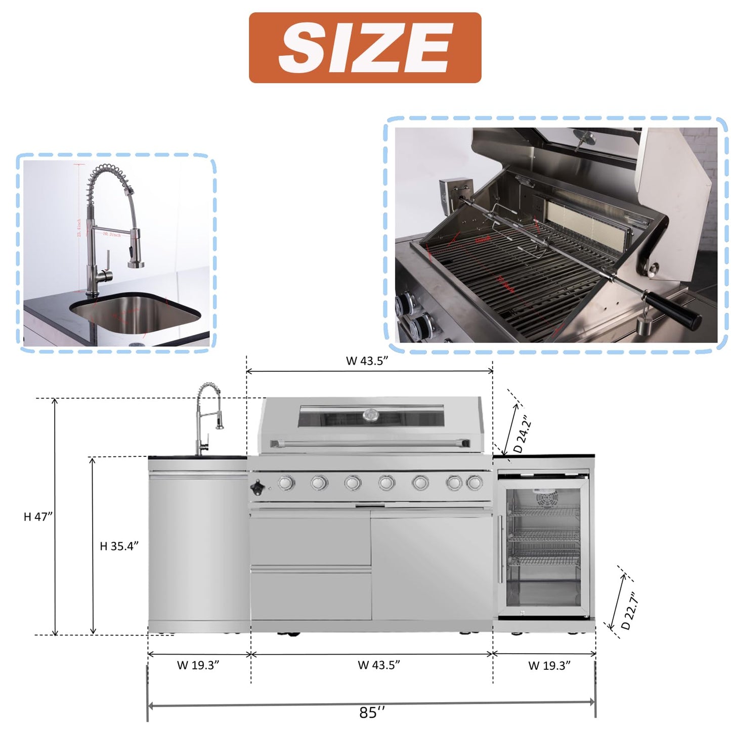 Outdoor Kitchen Island 85" 6-Burner 85000 BTU Deluxe Modular BBQ Island - Grill Islands w/Wine Cooler, Built in Combo Outside Island + Rotisserie & Granite Top Outdoor Grill