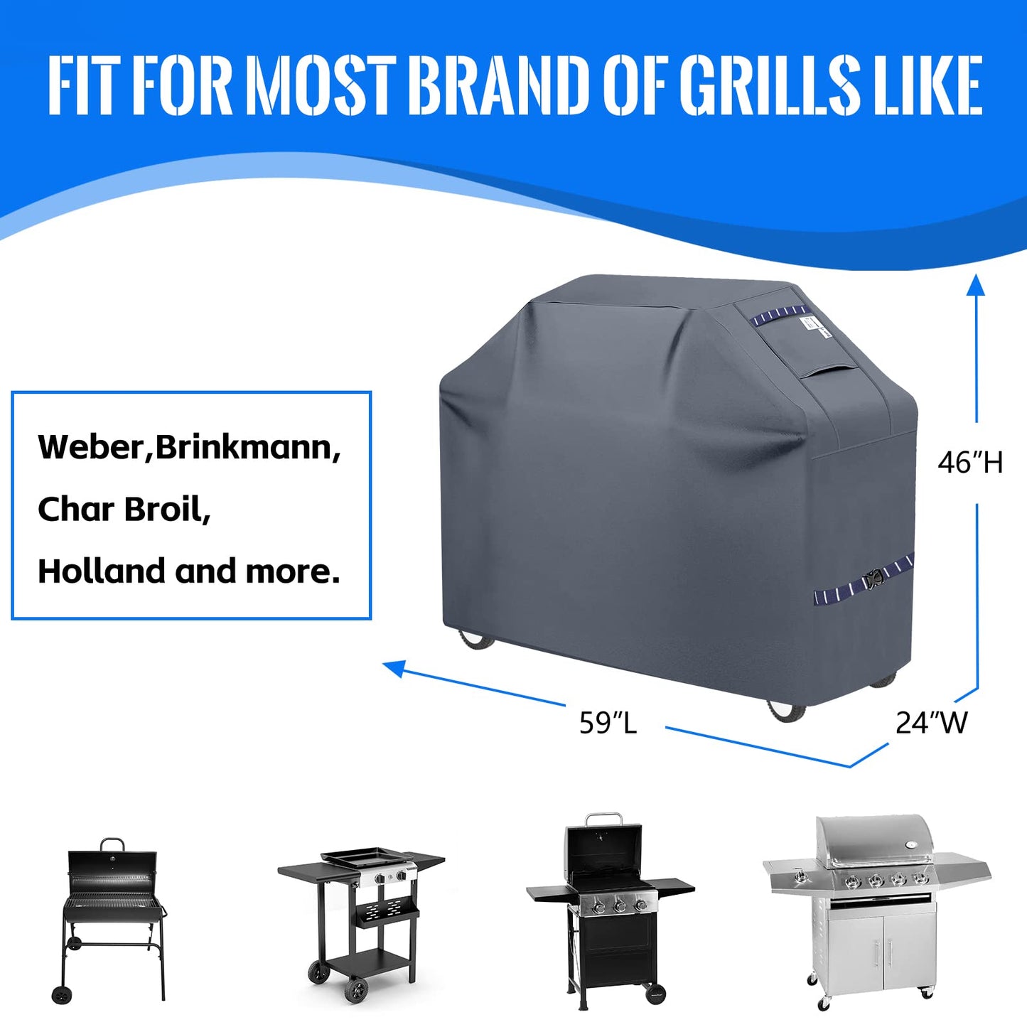 Grill Cover 600D Heavy Duty, Universal Fit Waterproof BBQ Grill Protector with Adjustable Straps, Weatherproof Outdoor Oven Cover for All Seasons