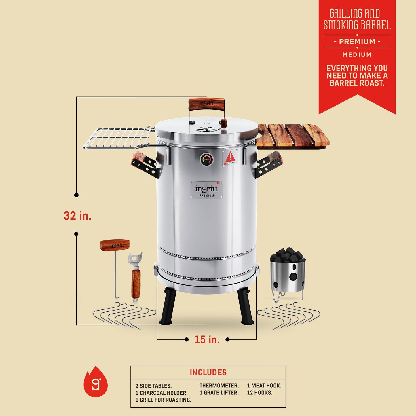 INGRILL Charcoal Grills - 25 lbs Stainless Steel Smoker Grill 3-in-1 for Cooking & Home BBQ - Portable Vertical Smoker Barrel for Outdoor Grilling & Camping - Meat Grill with Thermometer & Accessories