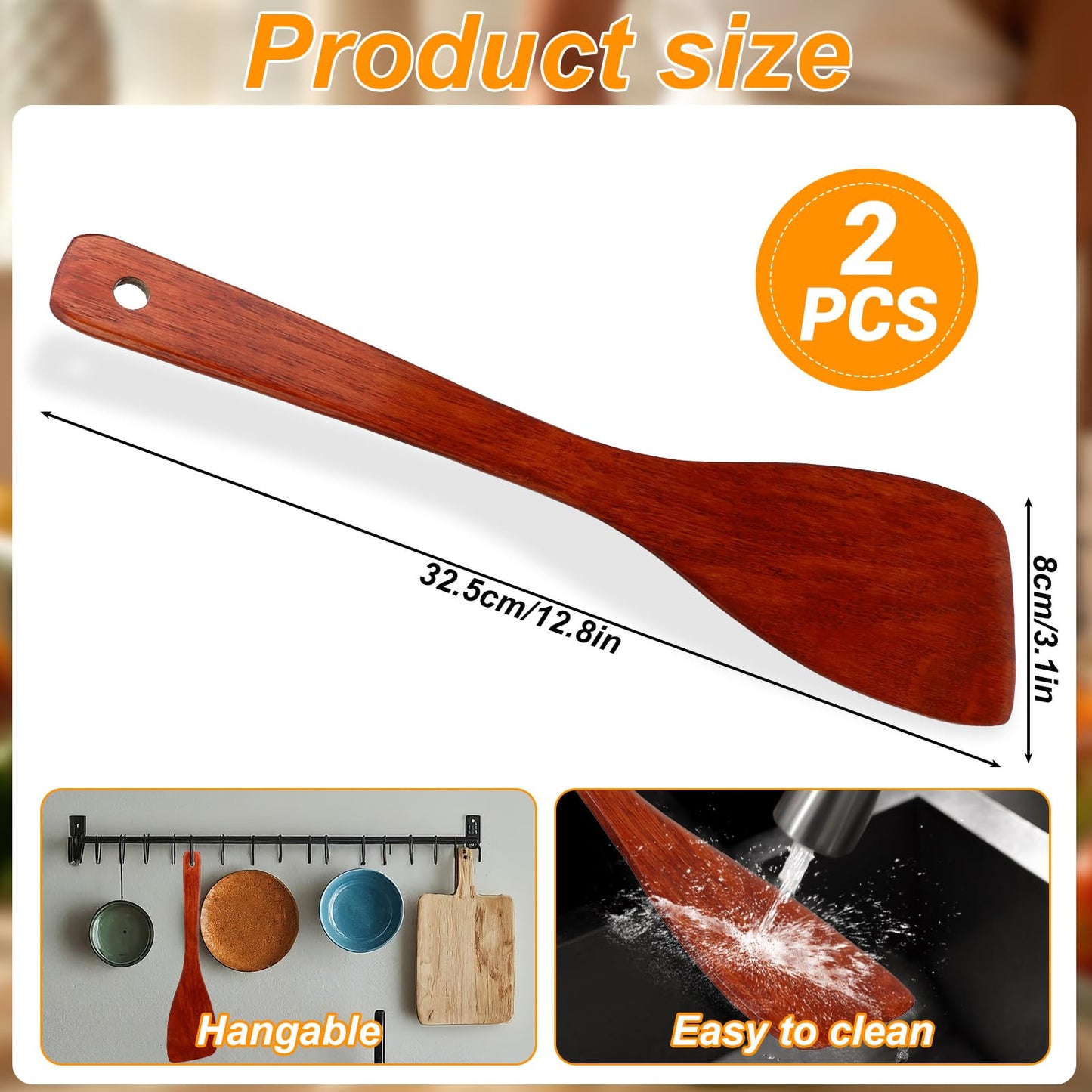 JIYIN 2 Pcs Wooden Cooking Utensils, 12.8 Inches Flat Non Stick Long Handled Frying Kitchen Spatula Turners for Pan and Wok