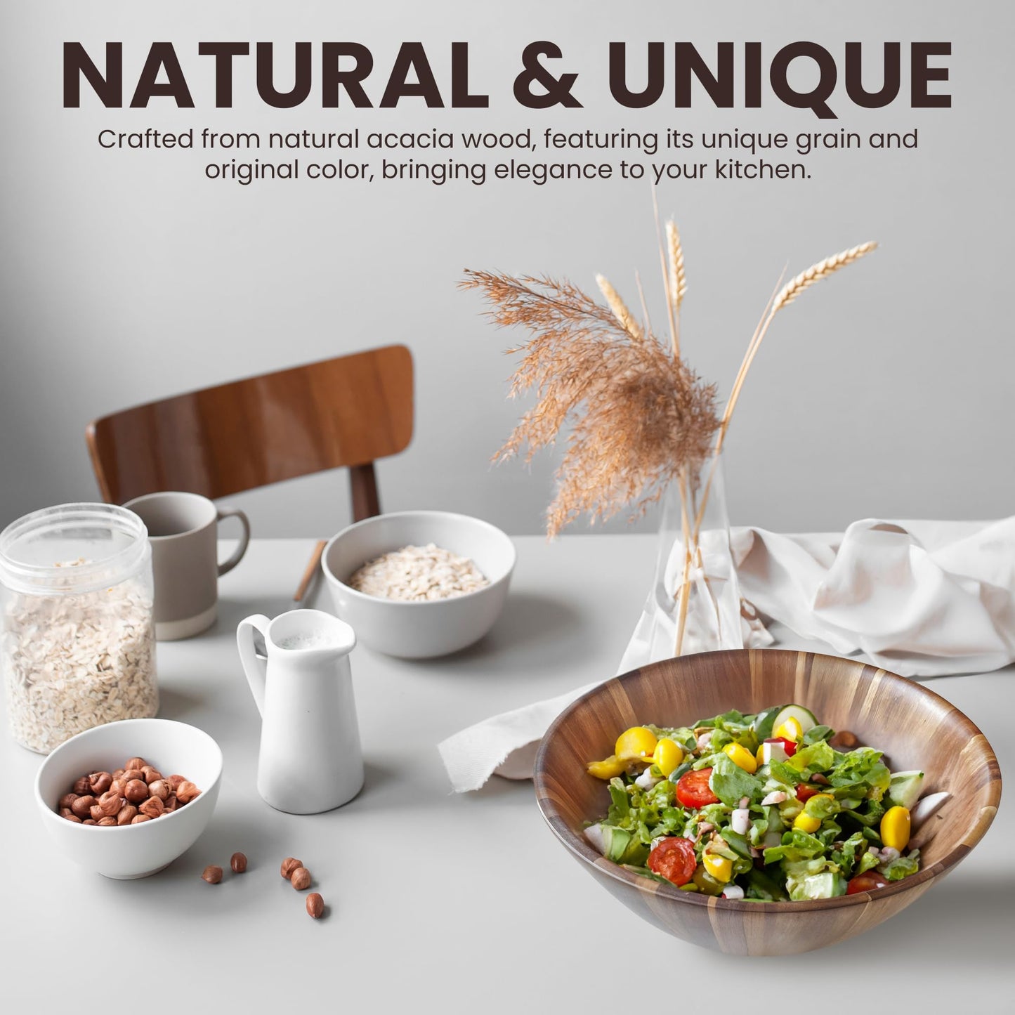 SPICK SPAN Wooden Bowl - Serving Bowl for Salads, Soups, Fruits, and Snacks, Acacia Round Bowls for Dinning Table and Coffee Table Centerpiece, Brown