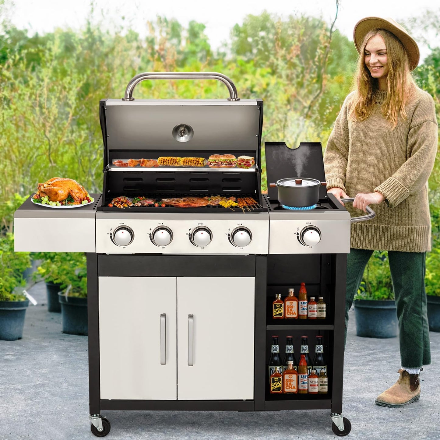 4-Burner Propane Gas Grill with Side Burner & Cabinet - 49,000 BTU Stainless Steel BBQ Grill, Porcelain-Enameled Cast Iron Grates for Outdoor Cooking, Patio & Backyard