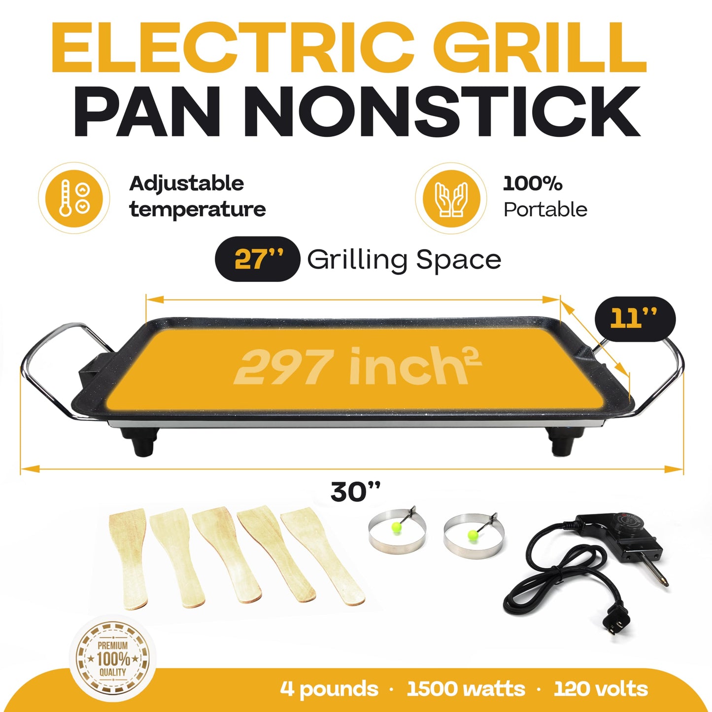 Premium Electric Griddle 27" - Smokeless Indoor Grill - Portable & Nonstick Electric Grill for Outdoor Use - Large Electric Griddle Nonstick with Adjustable Temperature & Even Heating by IDL Packaging