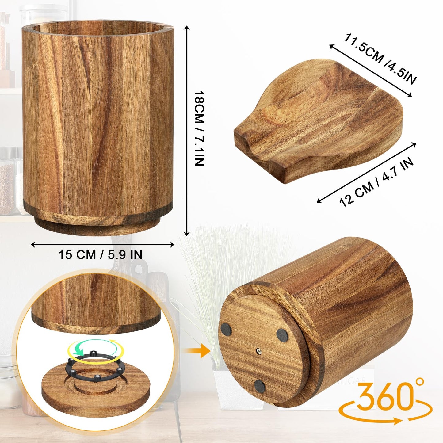 Wooden Utensil Holder for Kitchen Counter - 360° Rotating Acacia Cooking Utensil Holder & Large 7.2"x 6" Round Utensils Holder Organizer with Wood Spoon Holder for Countertop Farmhouse Kitchen Decor