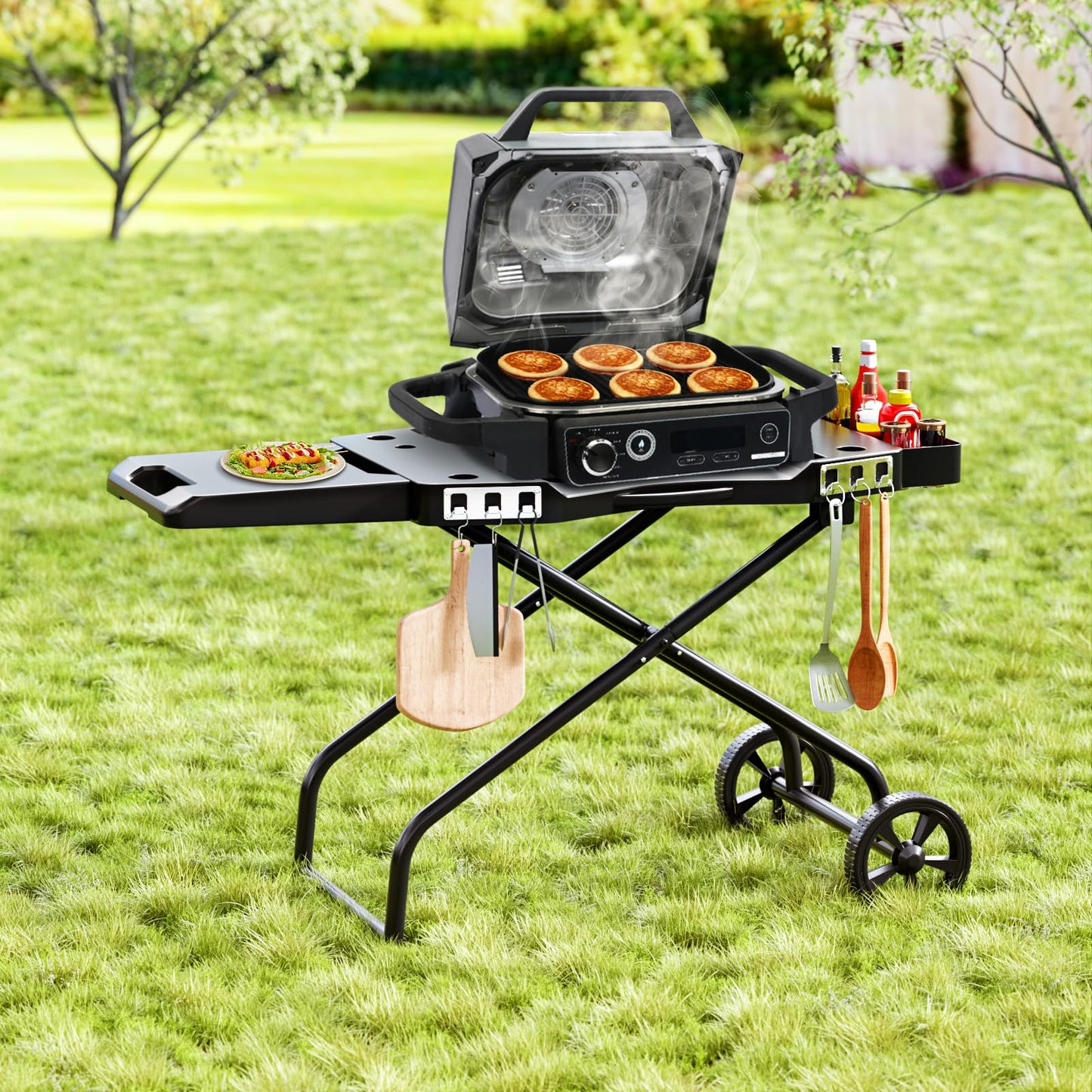 GRILL FORCE Portable Grill Cart for Ninja OG701 OG751, Collapsible Outdoor Grill Stand for Ninja Woodfire Grill, Fits Ninja OG700 Series, Traeger Ranger,Pit Boss 10697/10724 and 22" Blackstone Griddle