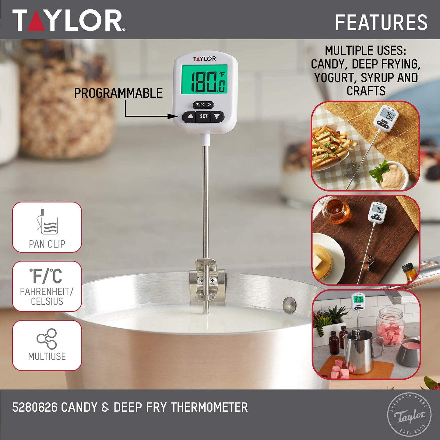 Taylor Programmable Digital Candy and Deep Fry Thermometer with Green Light Alert Display, Long Stem, and Adjustable Pan Clip, White