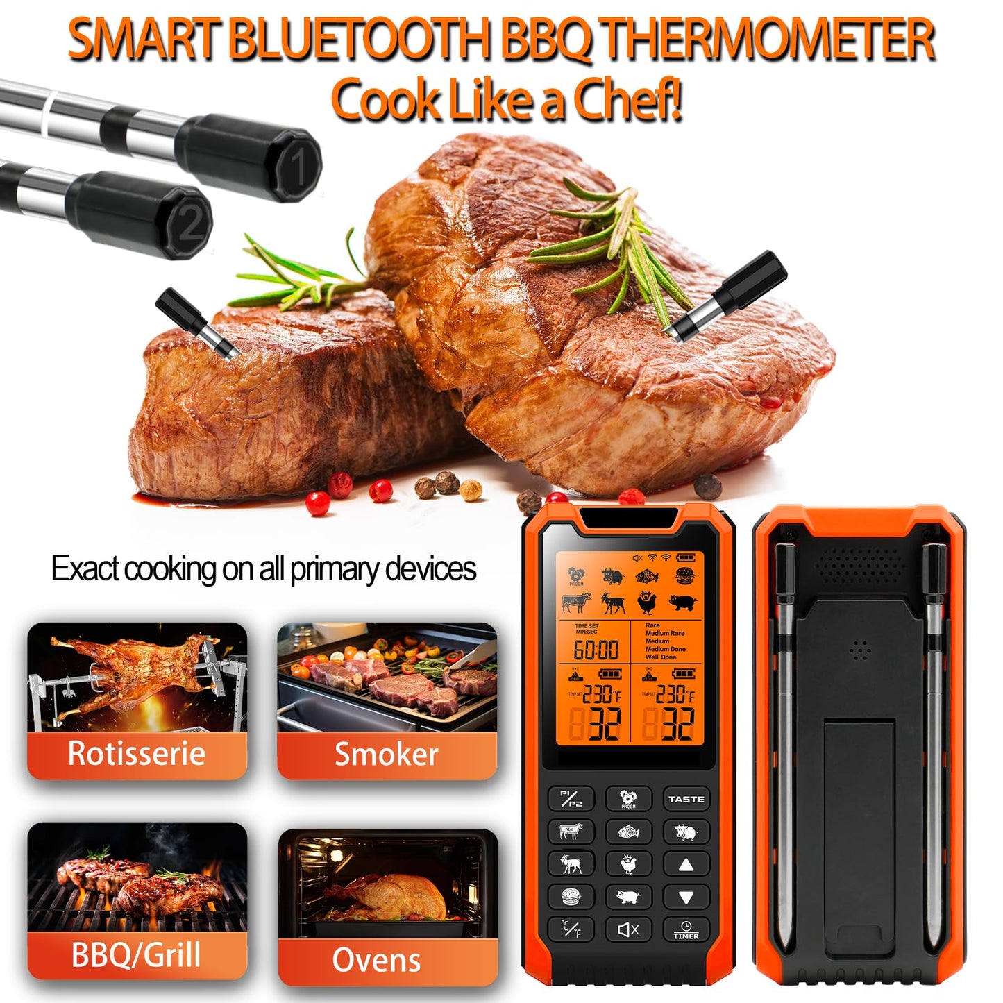 VACUUM SEALERS UNLIMITED Smart Bluetooth Meat Thermometer - Long Range Wireless Food Thermometer, Temp Monitor with Dual Probes for BBQ, Oven, Grill & Smoker-Effortless Steak, Pork, and Turkey Cooking